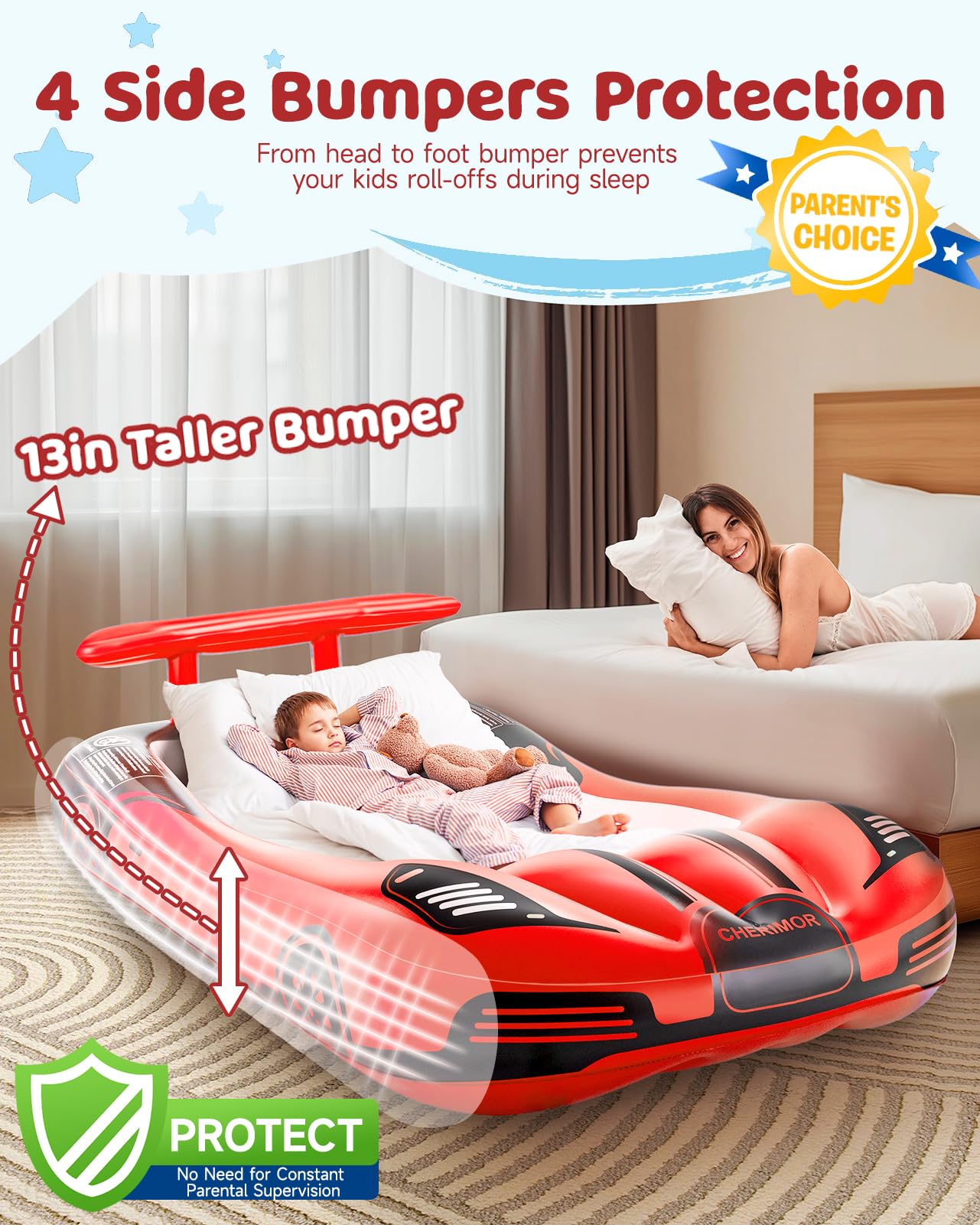 CHERIMOR Letto gonfiabile da viaggio per bambini con paraurti di sicurezza e pompa di gonfiaggio automatico di 2 minuti, materasso ad aria portatile per bambini, con borsa per il trasporto, per