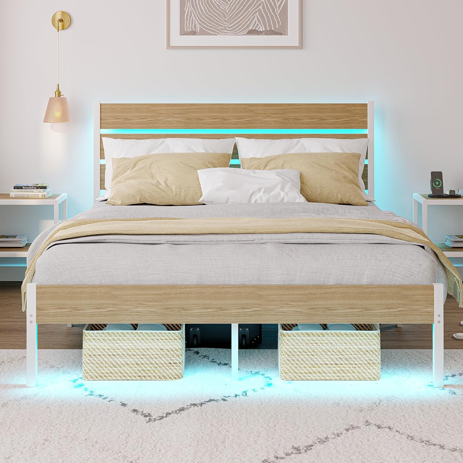 Full Size Bed Frame with Charging Station, LED Light Metal Bed Frame with Wooden Headboard, No Box Spring Required, No Noise, Easy Assembly, White