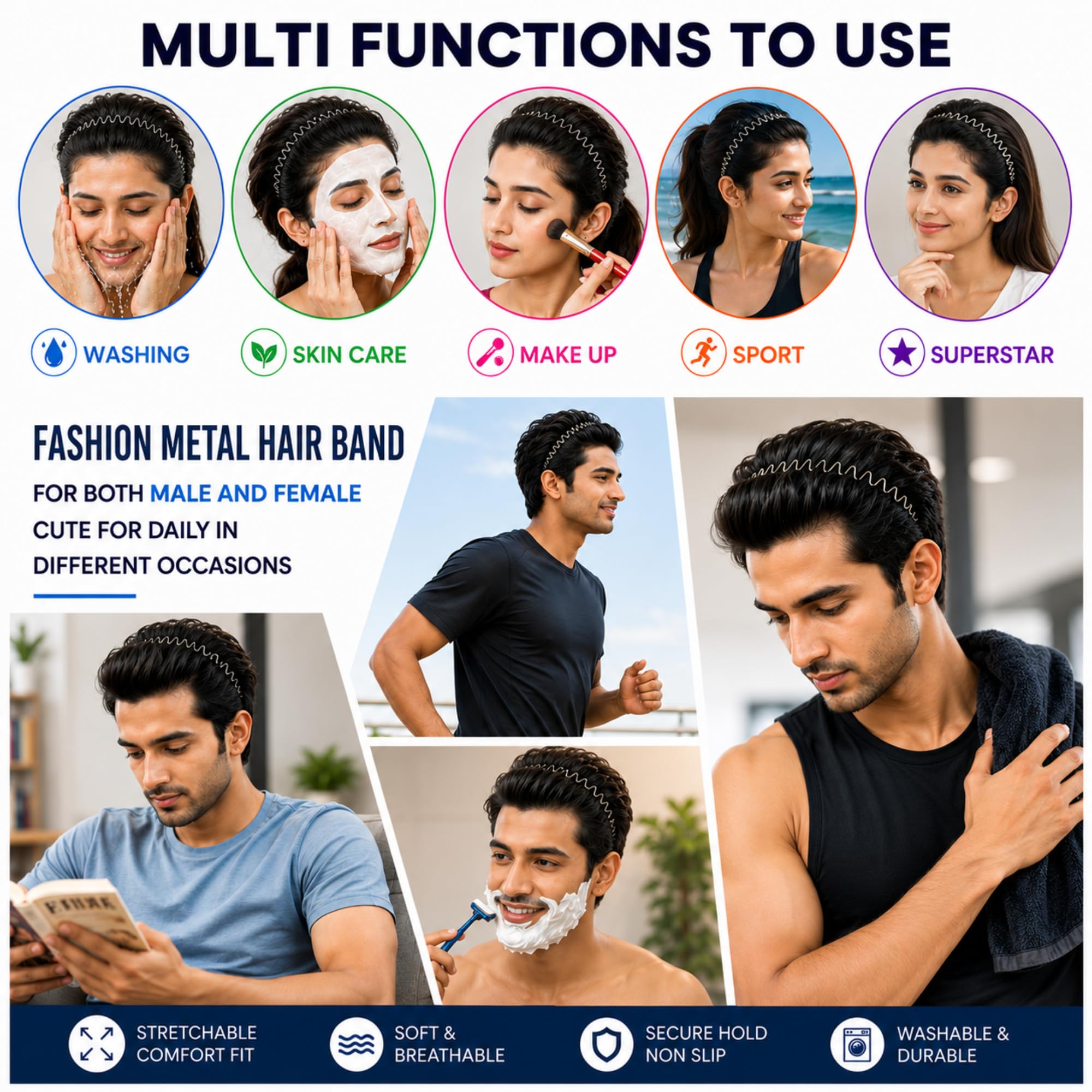 KLNEEDS Black Metal Hair Band for Men – 6 Pcs Thin Wavy Non-Slip Adjustable Headbands for Women & Boys, Sports, Gym, Yoga, Running & Face Wash 4