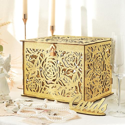CYAOOI Caja de tarjetas de boda dorada brillante con cerradura, caja de tarjetas de regalo de madera para recepción de boda, elegante caja porta