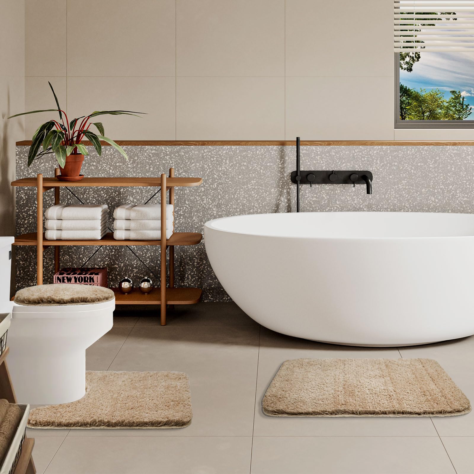 Beige Bathroom Rugs Sets 3 Piece with Toilet Cover and U Shaped Toilet Rugs Soft Plush Bath Mat Set with TPR Non Slip Rubber Backing Microfiber Shaggy Rug for Luxury Bathroom Decoration