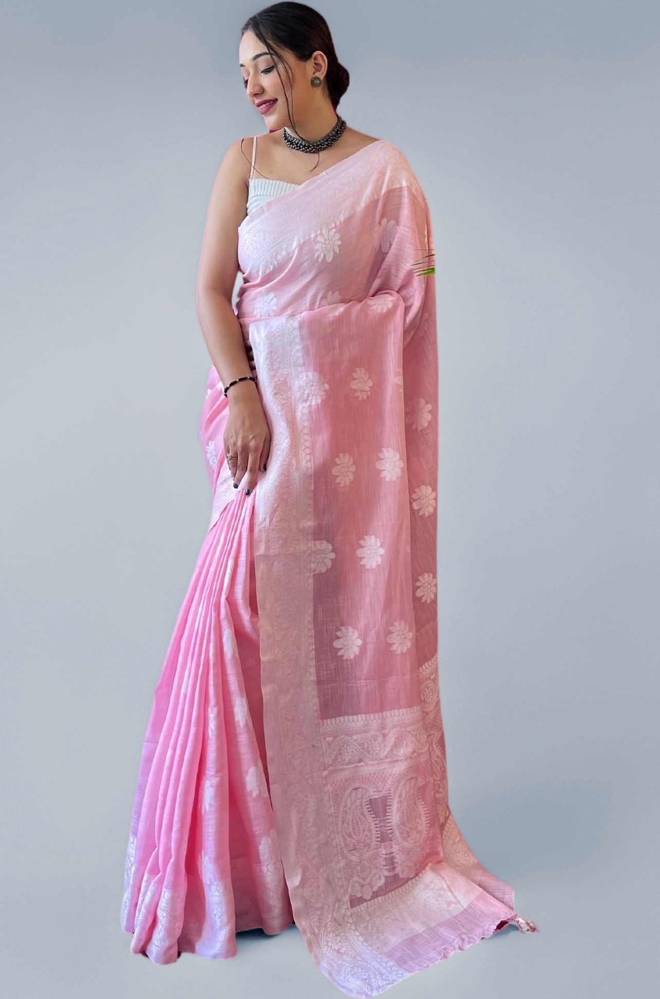 Women's Kanjivaram Soft Cotton Linen Silk Saree With Blouse Piece