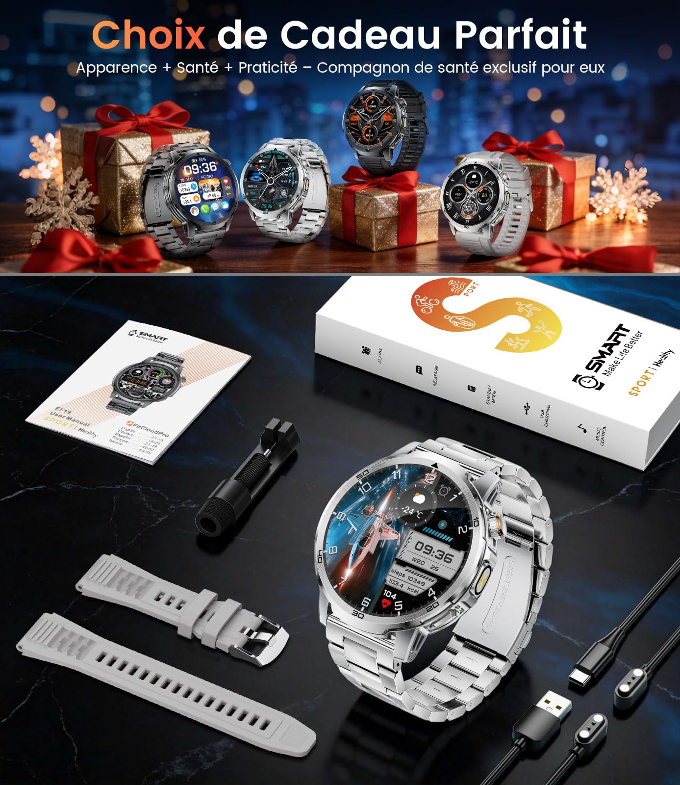 FITFLEX Montre Connectée Homme Appels Bluetooth, Batterie 1000mAh Smart Watch avec 1,85" HD écran, 120+Modes Sportifs, Lampe de Poche, Analyse de la Fréquence Cardiaque et du Sommeil,iOS Android