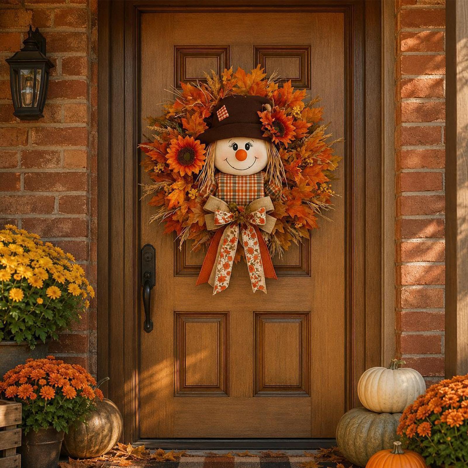 Corone Autunno Per Porta D'Ingresso Pannello Benvenuto Raccolto Acero | Corona spaventapasseri raccolto Per Halloween Ringraziamento Ospite Cremagliera Portale Giardino Esterno Interno