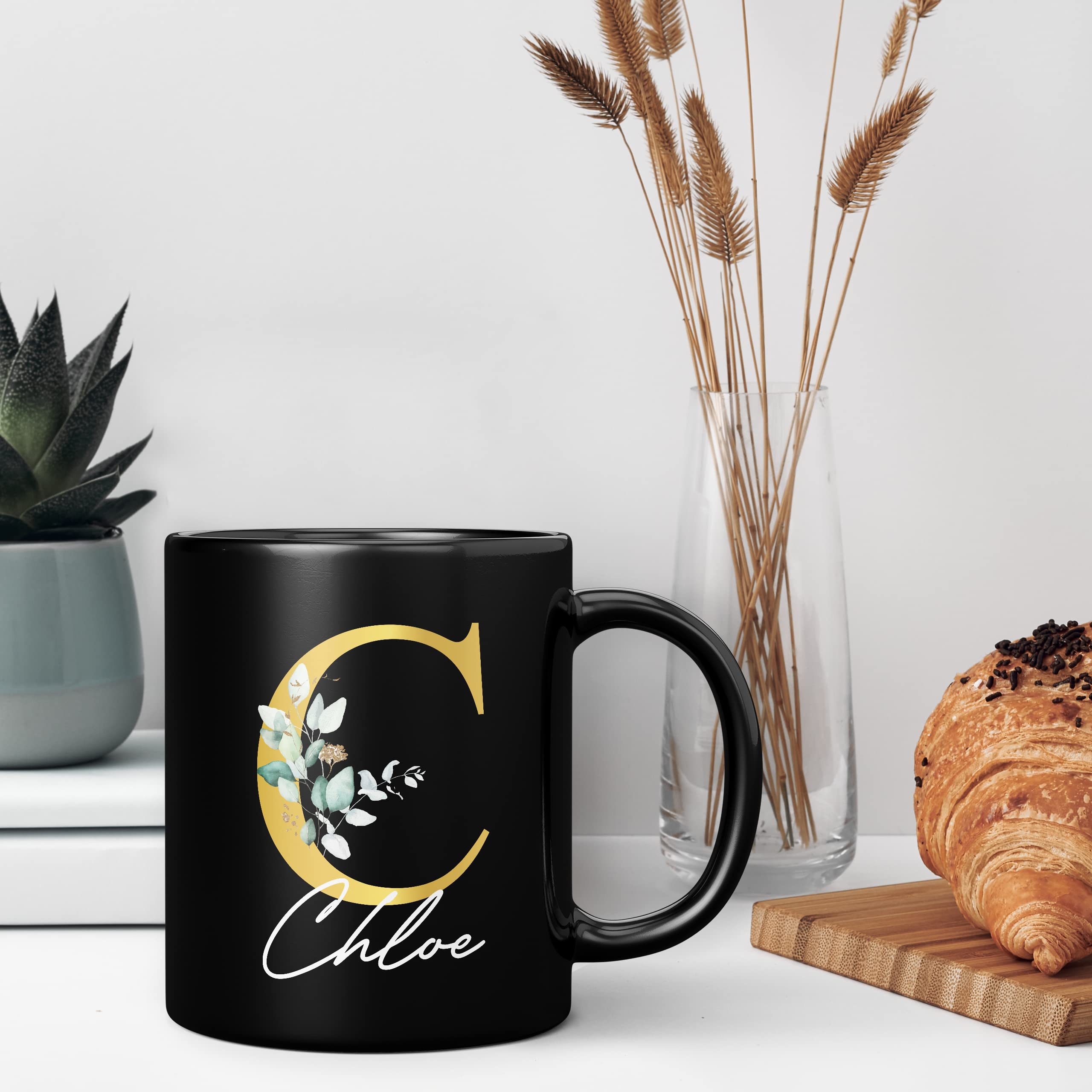 Personalised Letter C Floral Mug - Custom Name Gold Print Ceramic Coffee Cup, 11oz Black - View #9