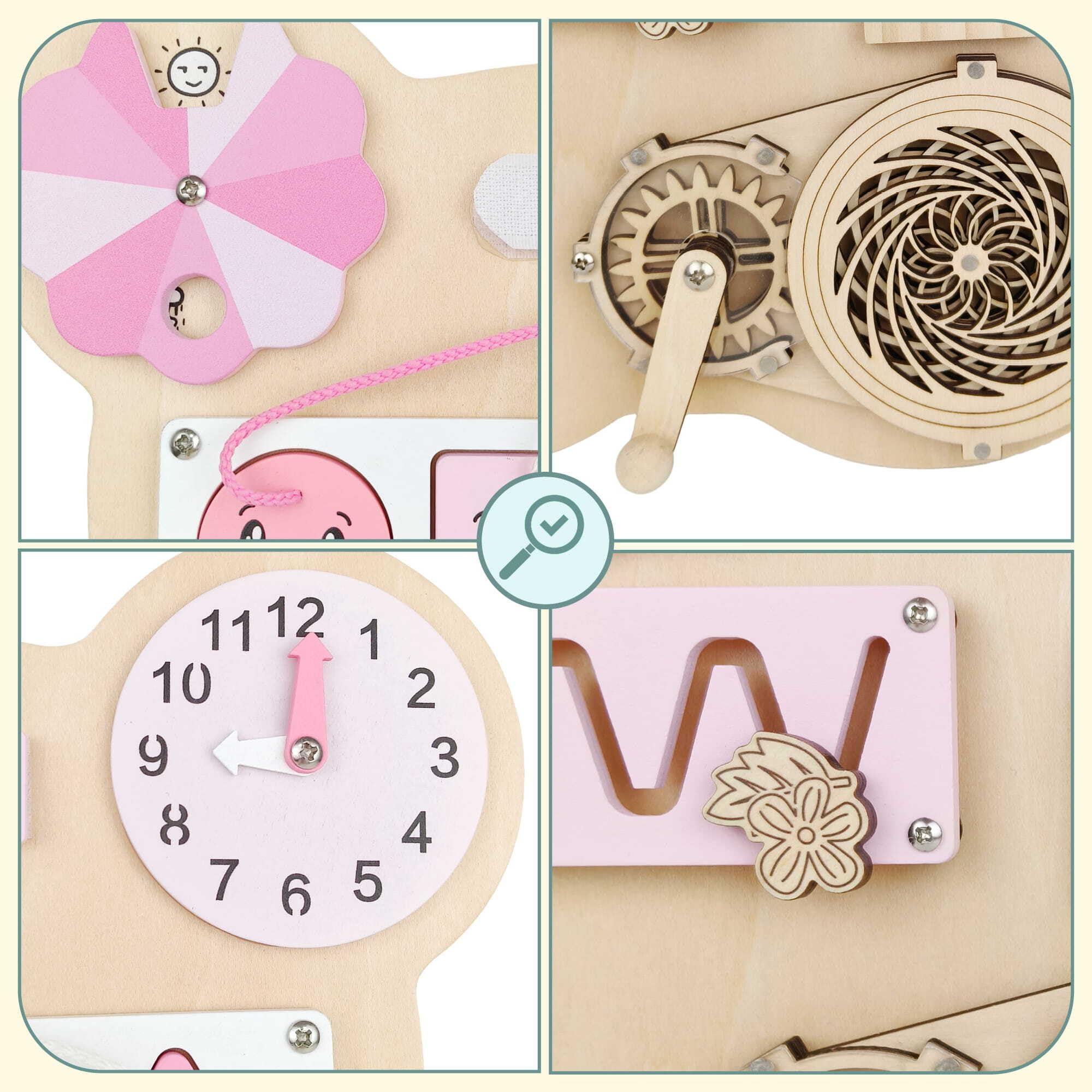 mamabrum Orsacchiotto sensoriale in Legno, 10 in 1, Giocattolo educativo Montessori per Bambini, Naturale/Rosa, abilità motorie e creatività, 29,8 × 39 × 7 cm