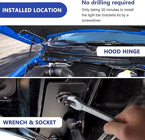 Miniatura 7 de Soportes de luz para bisagra de capó de zanja para Dodge Ram 1500 2500 3500 2009-2018 Soporte de montaje lateral de luz de trabajo LED auxiliar