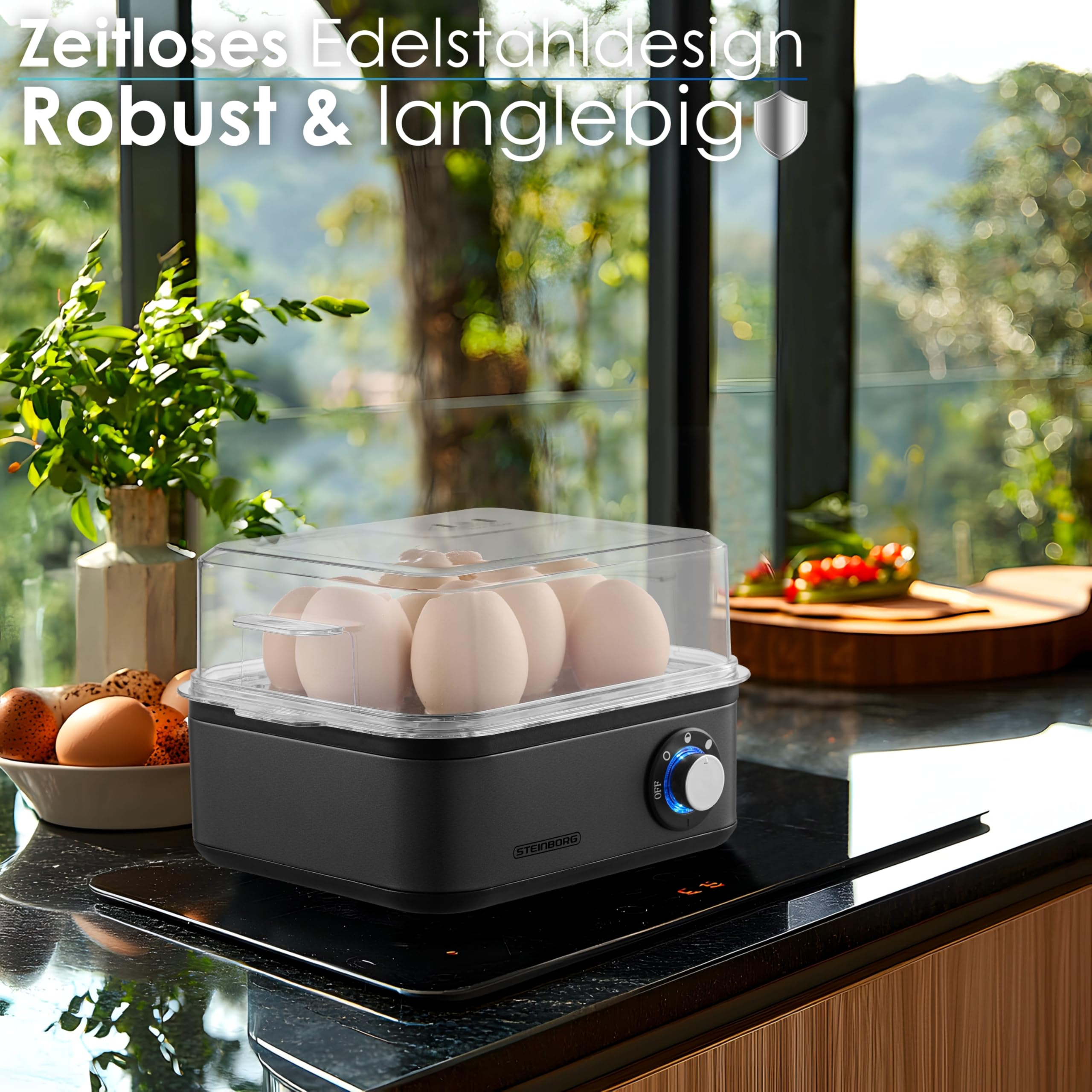 Cuiseur à œufs pour 1 à 8 œufs - Fonction maintien au chaud - Cuiseur à œufs électrique en acier inoxydable - 500 W - 3 niveaux de dureté - Sans BPA et passe au lave-vaisselle - Interrupteur rotatif