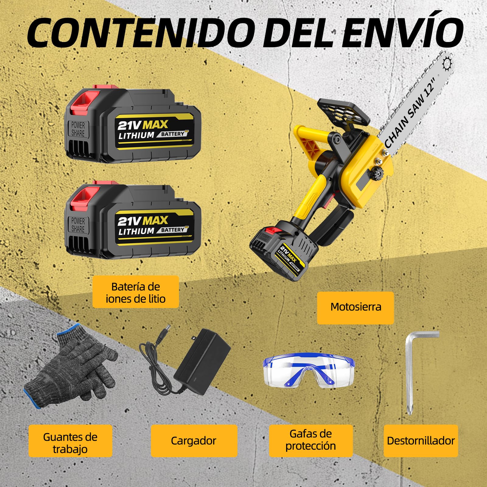 Motosierra a batería 12 pulgadas, motor 1800W sin escobillas, 2x4000mAh, lubricación auto, seguridad – sierra profesional para árboles con maletín, para madera y jardín