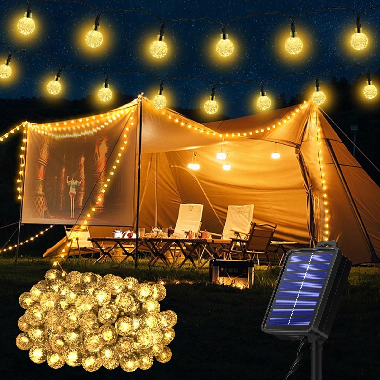 Solar Lights Outdoor Garden, 59Ft 100LED Solar Ball Lights, IP65 Waterproof 1000mAh Battery Crystal Globe String Lights, 8 Modes Fairy Lights for Garden, Party(Warm White + New Memory Function)