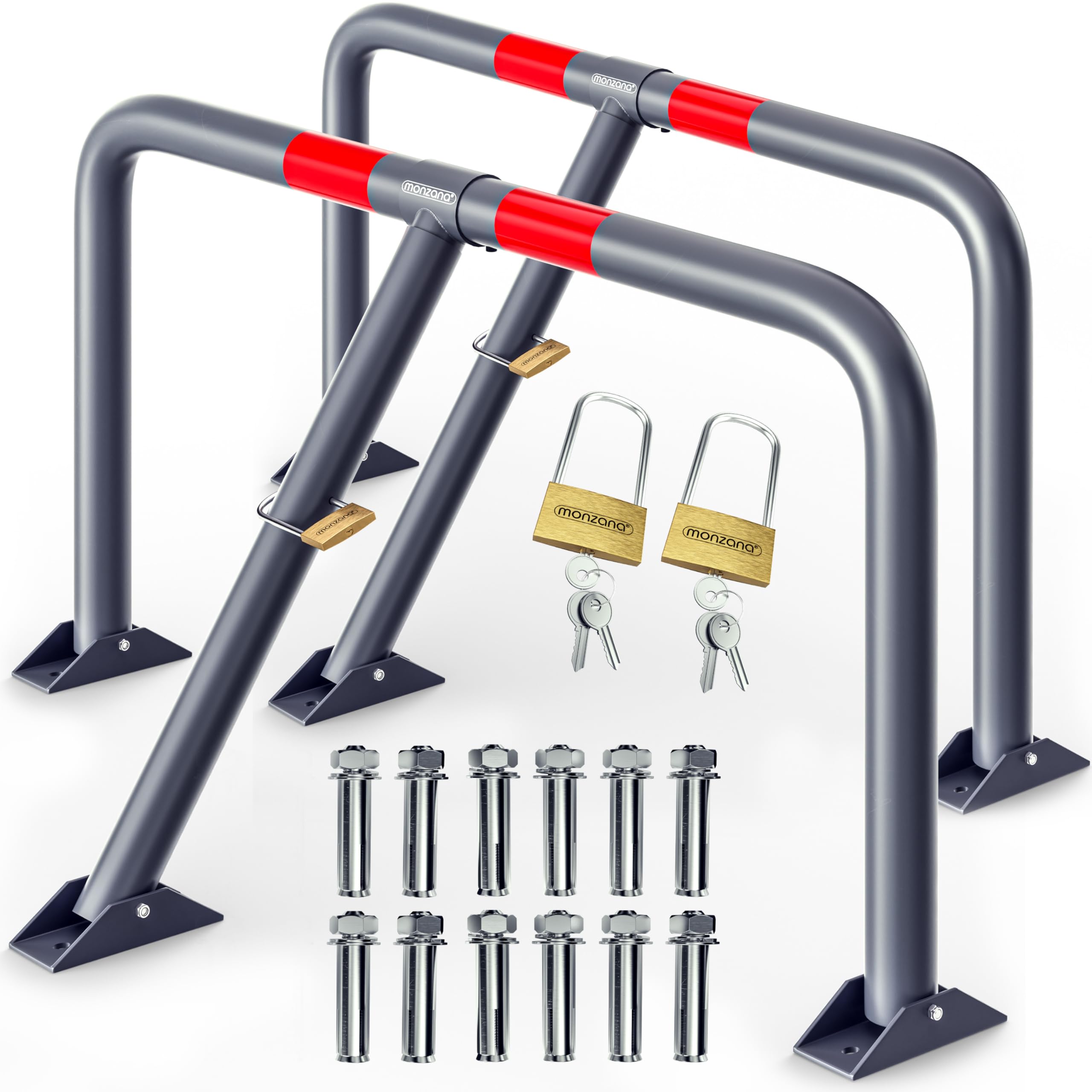 DEUBA® 2 X Sbarra Parcheggio Dissuasore 6 Chiavi Lucchetto Pieghevole Acciaio Robusto Barriera Sosta per Posteggio Posto Auto Catena Sbarramento