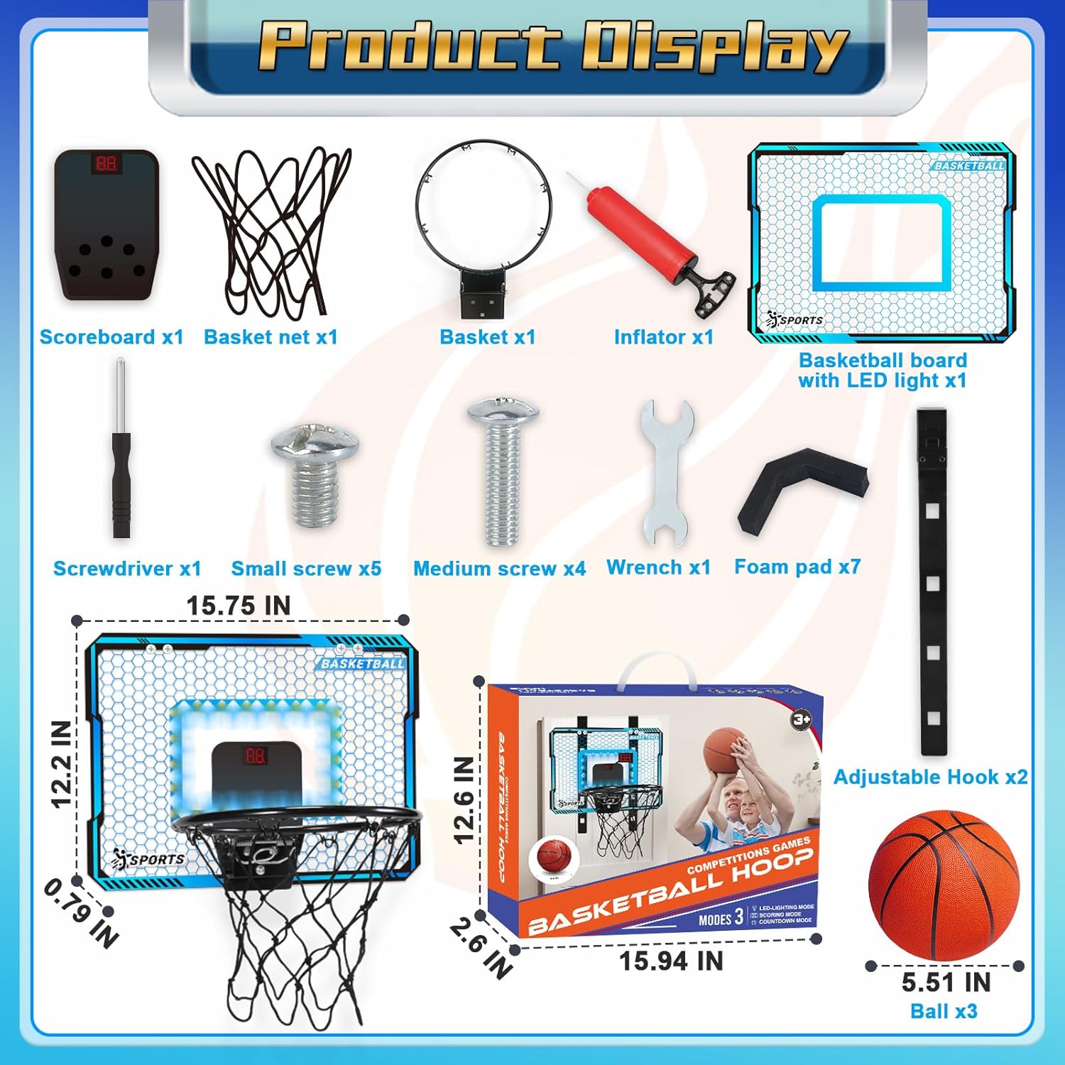 Adjustable Height Basketball Hoop Indoor with LED Lights, Basketball Toys Gifts for 5 6 7 8 9 10+ Year Old Boys Kids, Indoor Over The Door Mini Basketball Hoops with Electronic Scoreboard & 3 Balls