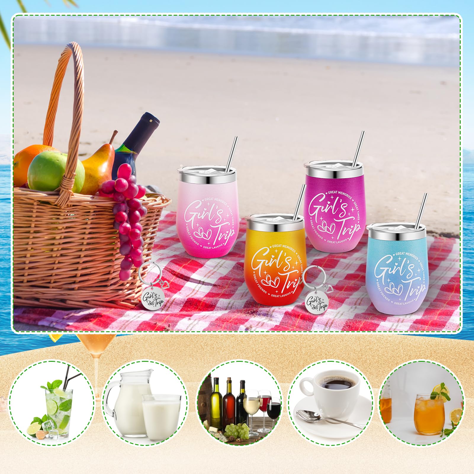 4 Pack Girl's Trip Tumbler Set with Lids 12 Oz Stainless Steel Travel Wine Tumbler for Girls Women Friendship Travel Weekend Trip Vacation Bachelorette Party Camping Gifts