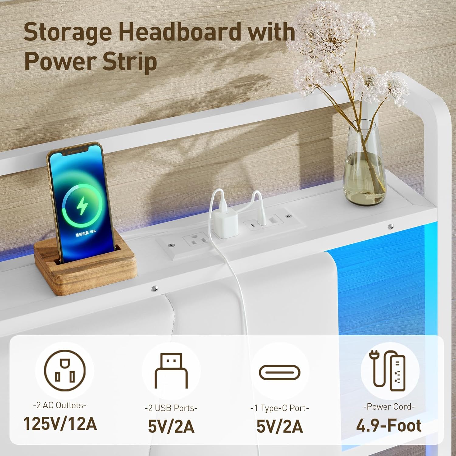 Twin Bed Frame with Charging Station, LED Bed with Under Bed Storage, Twin Size Metal Platform Bed Frames with Upholstered Headboard, No Box Spring Needed, Noise Free, Easy Assembly, White