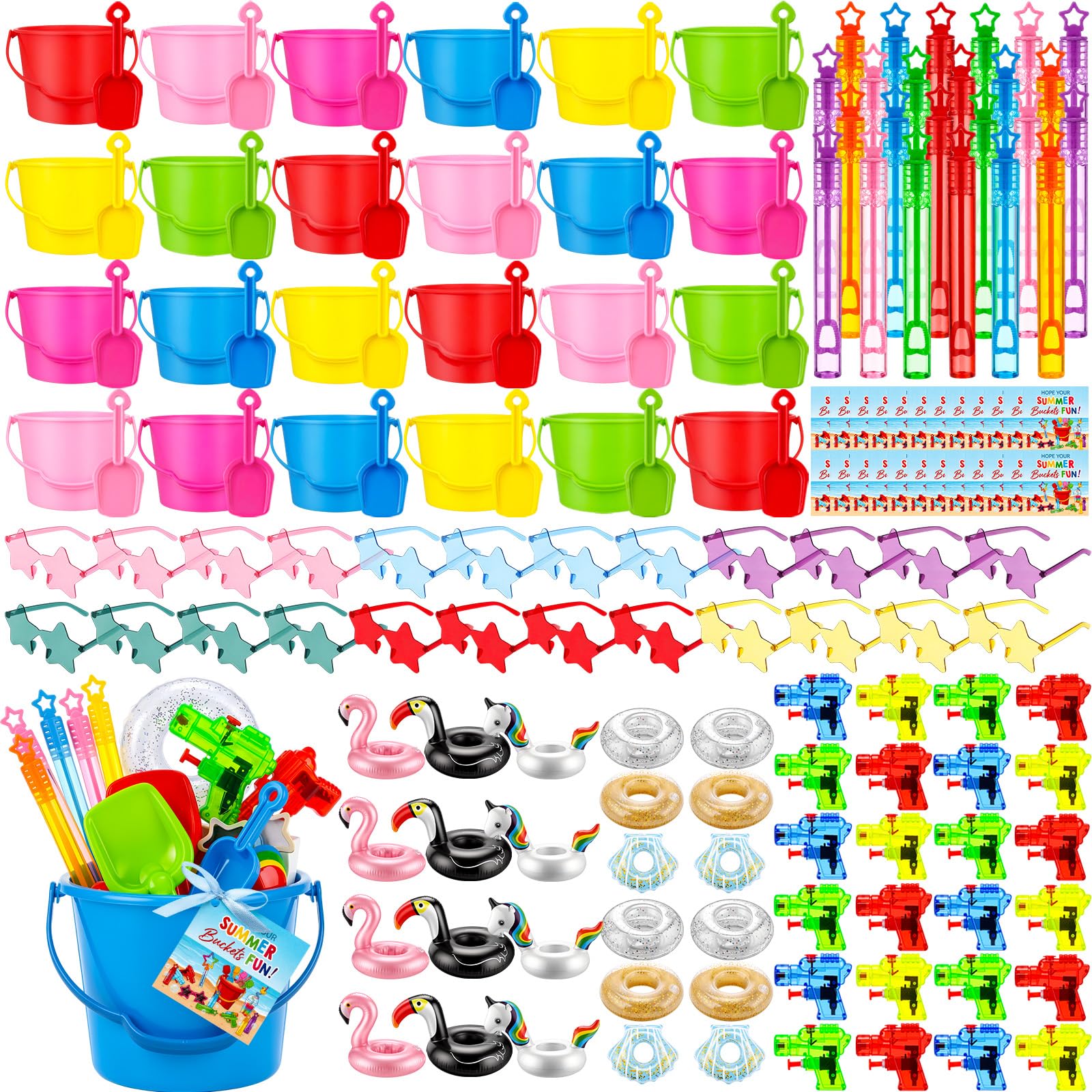 Photo 1 of Konohan Beach Sand Toys Set for Kids Toddler 192 Pcs Sandbox Toys Includes Bucket Shovel Sunglasses Water Gun Bubble Wands Inflatable Drink Holder Gift Cards & Bags Bulk Summer Beach Party Favor