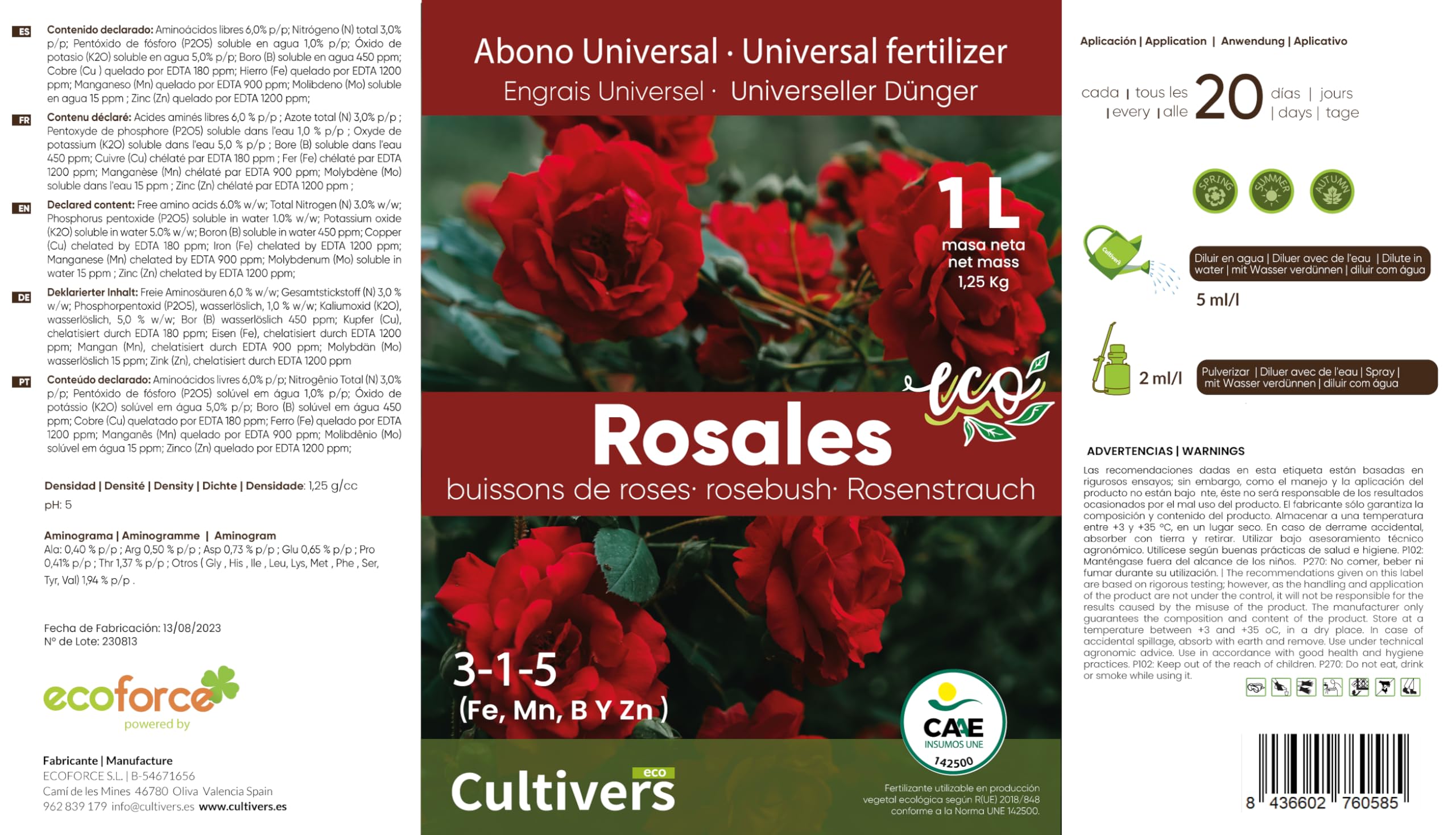 CULTIVERS Fertilizante Rosales Ecológico 1 L. Abono líquido. Hojas más Verdes, Mayor Floración e Intensifica el Color con Macronutrientes y Micronutrientes. 100% Orgánico