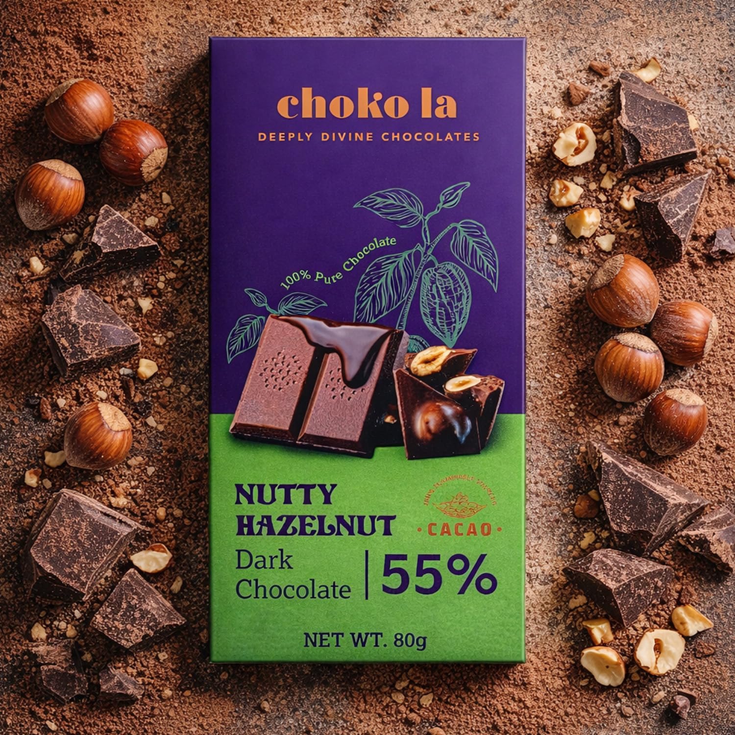 Chokola Nutty Hazelnut 55% Dark Chocolate Bar -80g | Cocoa with