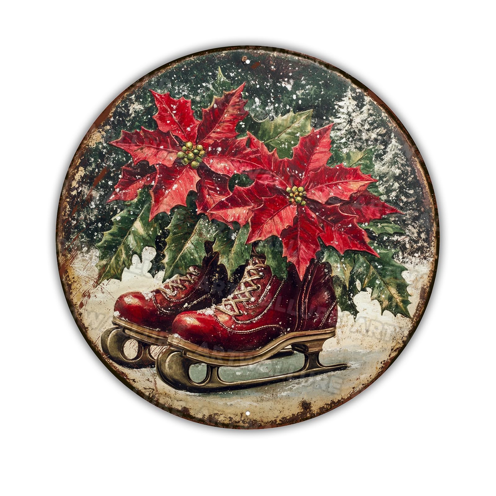 Vintage Ice Skates Wreath Sign - Christmas Round Aluminum Decor for Front Door, Porch and Indoor Holiday Displays Metal Art 8x8Inch
