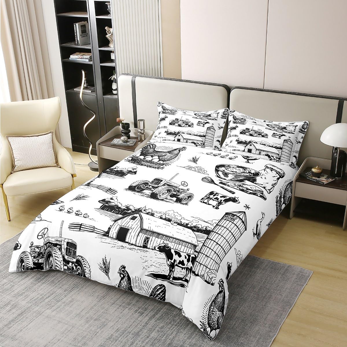 jejeloiu Tractor Truck Comforter Cover Full Size Kids Chicken Cow Duck Farm Animals Bedding Set for Boys Girls Teens Rustic Farmhouse Funny Country Theme Duvet Cover 100% Cotton (No Comforter)