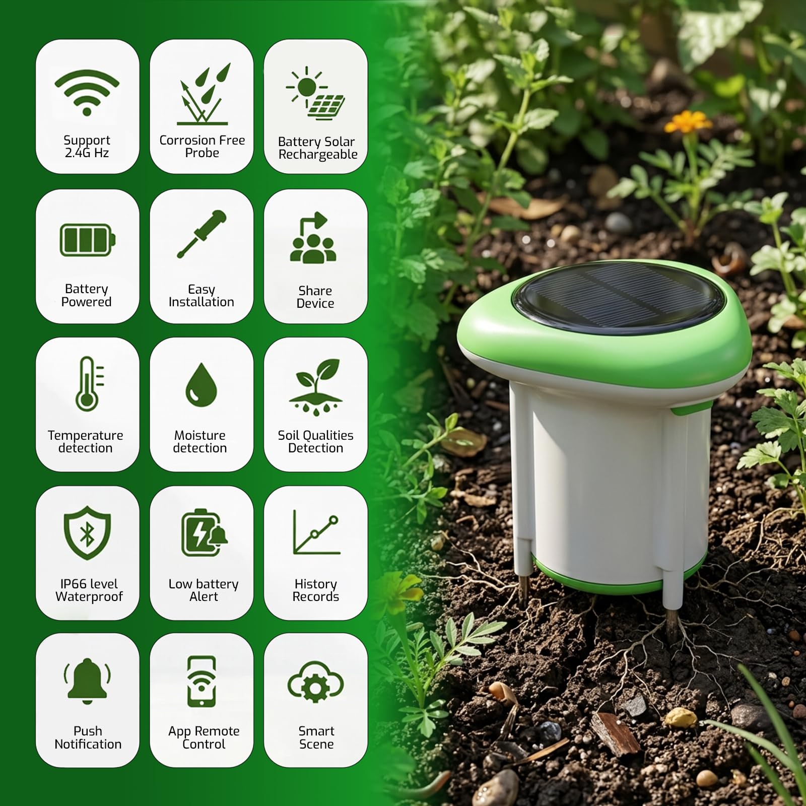 Misuratore di Umidità del Terreno WiFi, Tester Intelligente 3-in-1 per EC/Temperatura/Umidità, Monitor Wireless per Piante con App, Sensore Digitale ad Alta Precisione per Interni ed Esterni