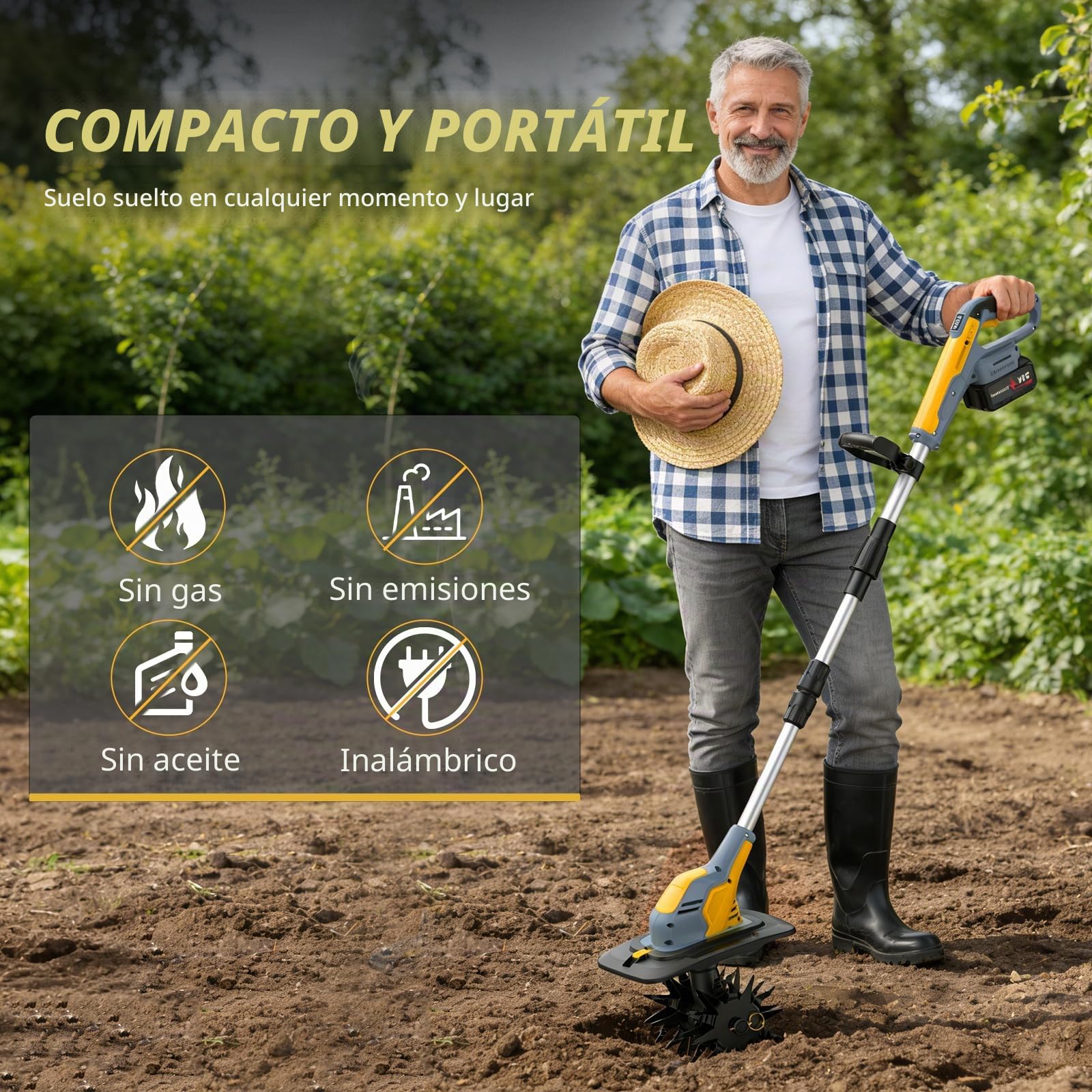 Motoazada Electrica 800W,Motocultor Plegable,Profundidad de Labranza 20 cm, Anchura de Labranza 23 cm, con Pantalla Indicadora de Carga para Labrar Jjardines y Huertos (Dos Baterías)