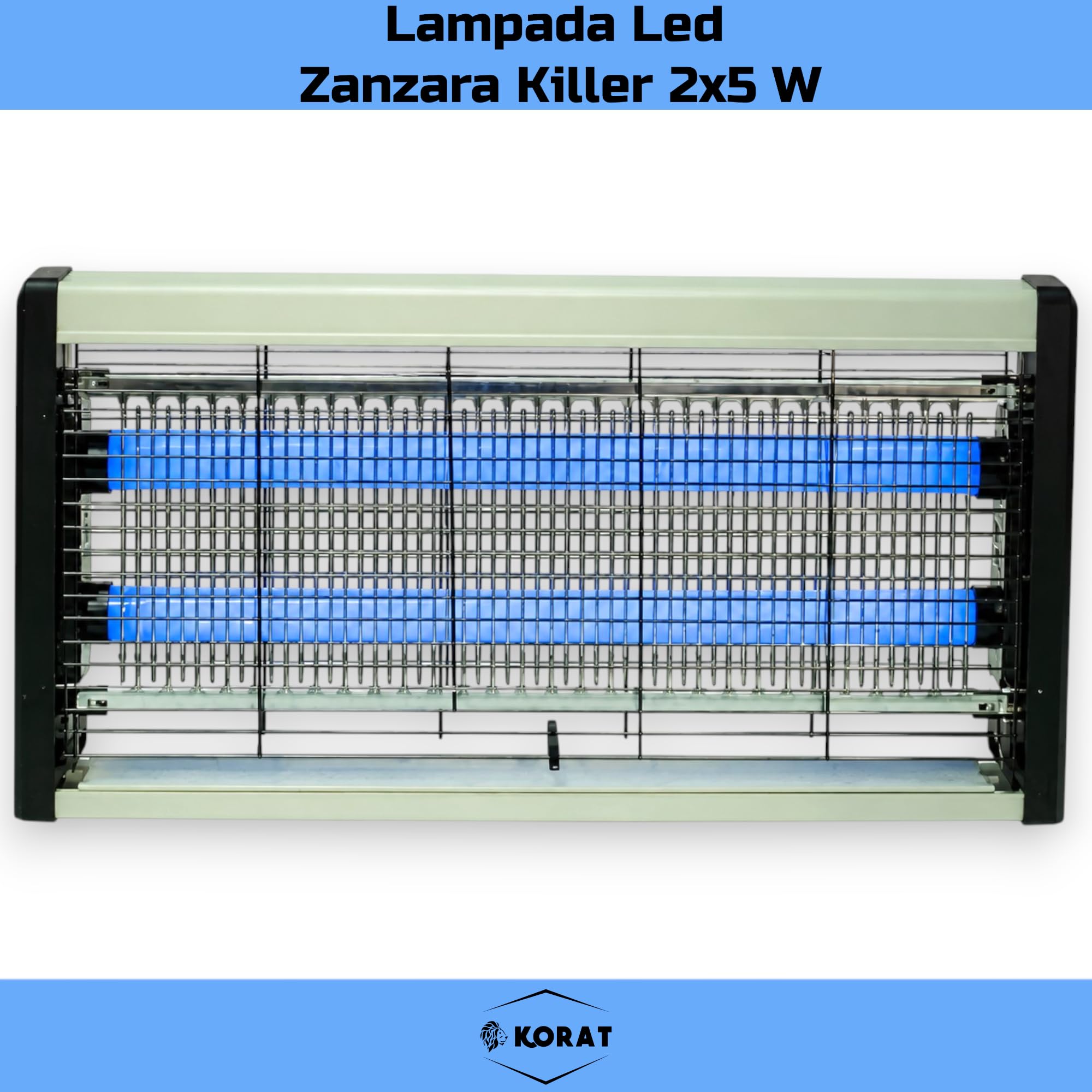 KORAT Lampada Zanzare Elettrica LED UV 2x5W, Zanzariera Elettrica Professionale con Griglia ad Alta Tensione, Vaschetta Estraibile, Silenziosa, per Casa, Ufficio, Negozio - 47,5x6x24 Cm