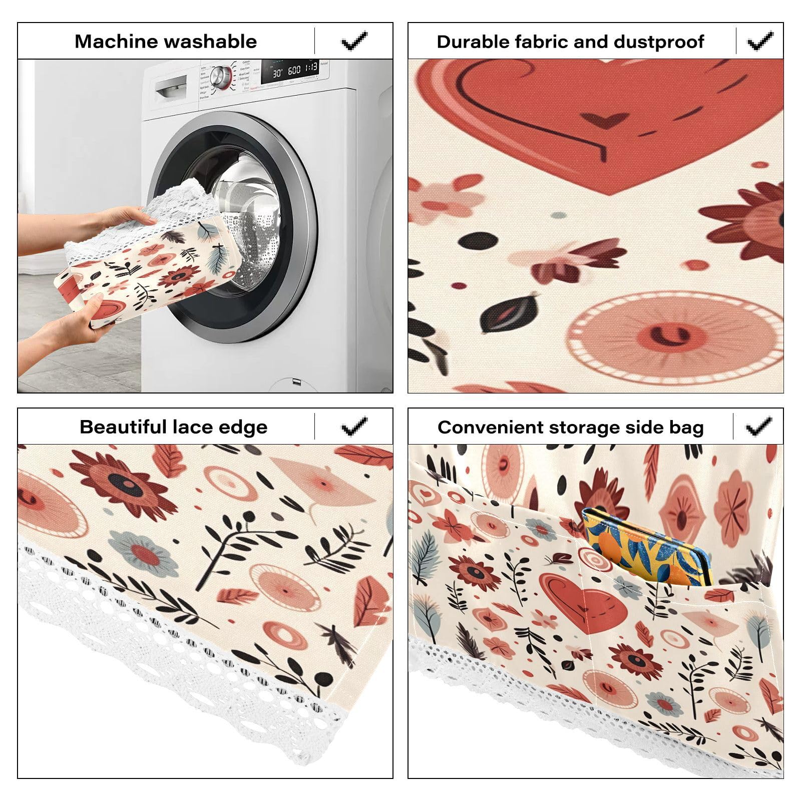 BOESI Doodle Hearts and Floral Pattern Washer and Dryer Cover, 51.2x22in Refrigerator Dust Cover, Appliance Non-Slip Protective Cover Fabric with 4 Storage Bags