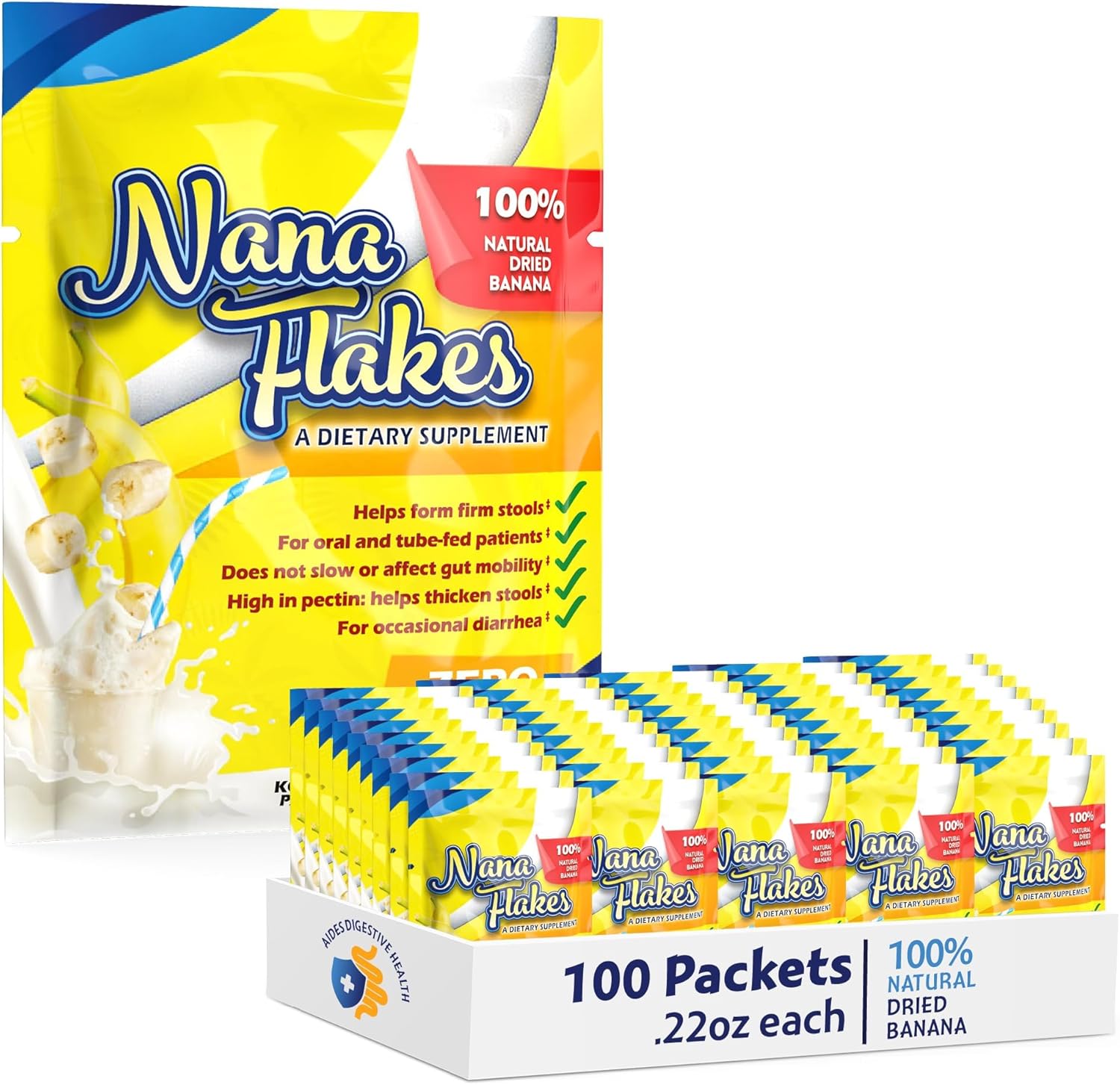 Nutritional Designs Nana Flakes Anti-Diarrheal Banana Powder, IBS Relief & Heart Burn Remedy, 100% Pure Banana Flakes Medical Food - Natural - High Protein& Fiber (50 Single-Serve Packs)