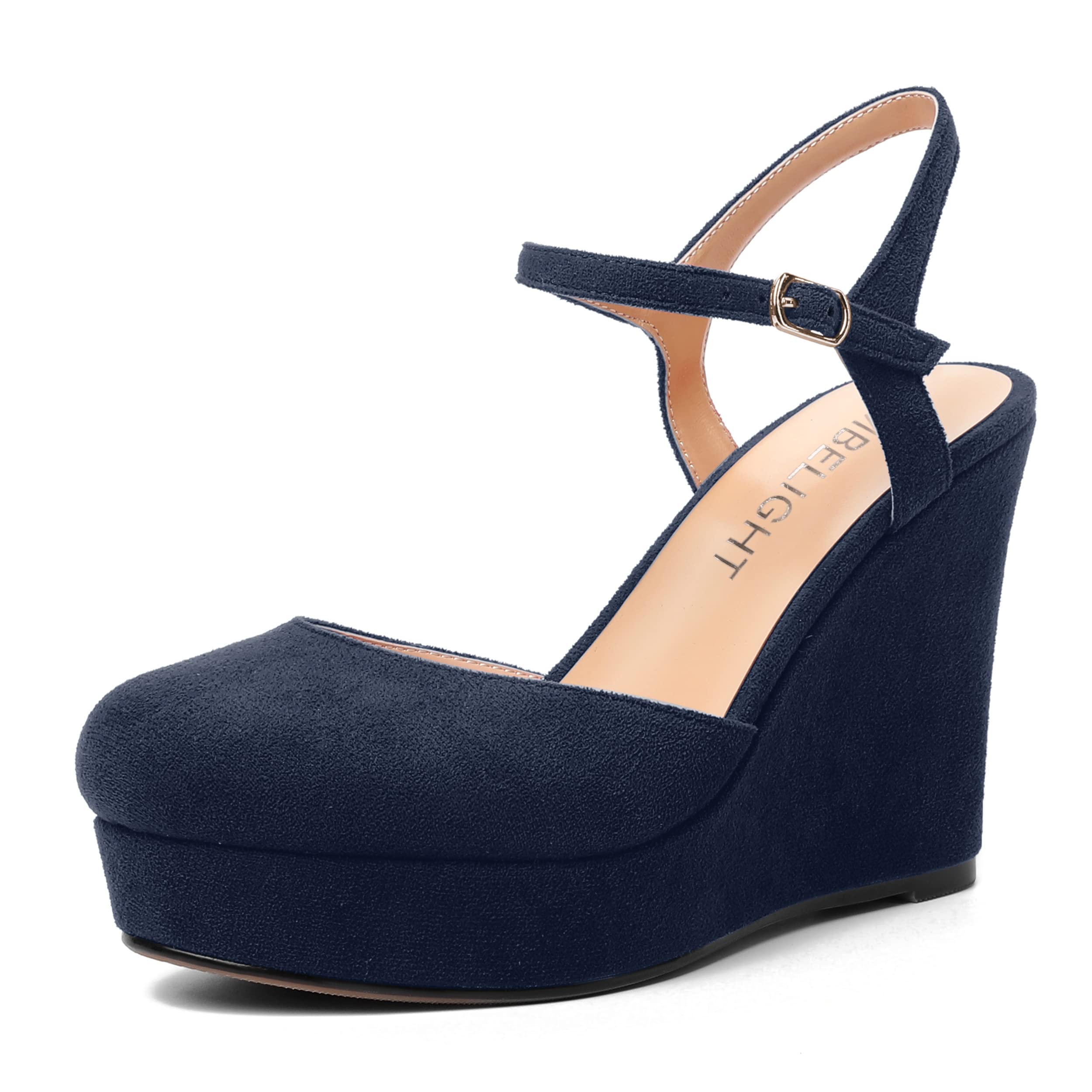 AMBELIGHT Womens Ankle Strap Sandals Night Club Round Toe Fashion Heels Suede Wedge High Heel Pumps Shoes 4 Inch