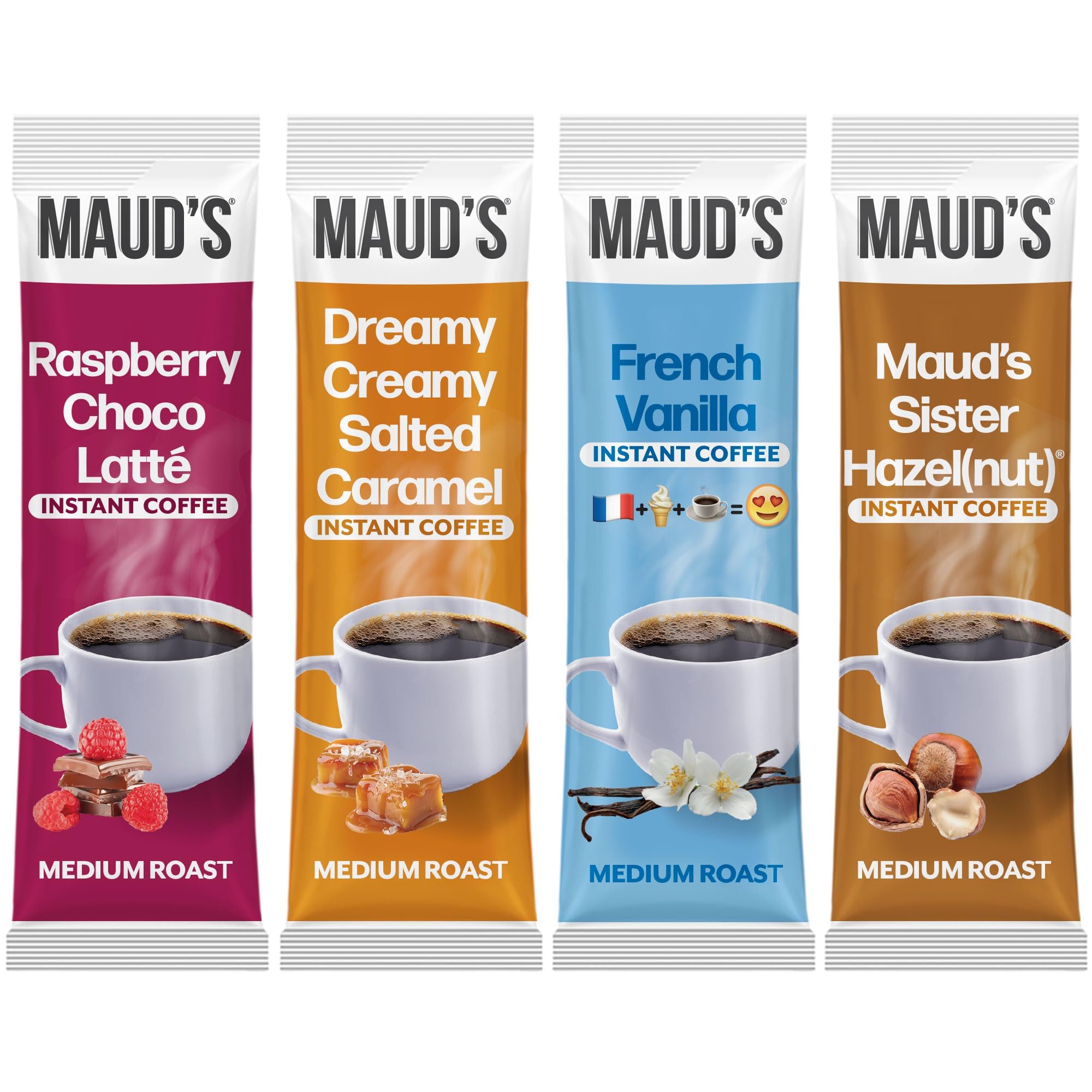 Maud's Flavored Instant Coffee Variety Pack, 24 ct, Caramel, Hazelnut, Raspberry, Vanilla, 100% Arabica Coffee, Medium Roast, Instant Hot or Iced Coffee - Just add water