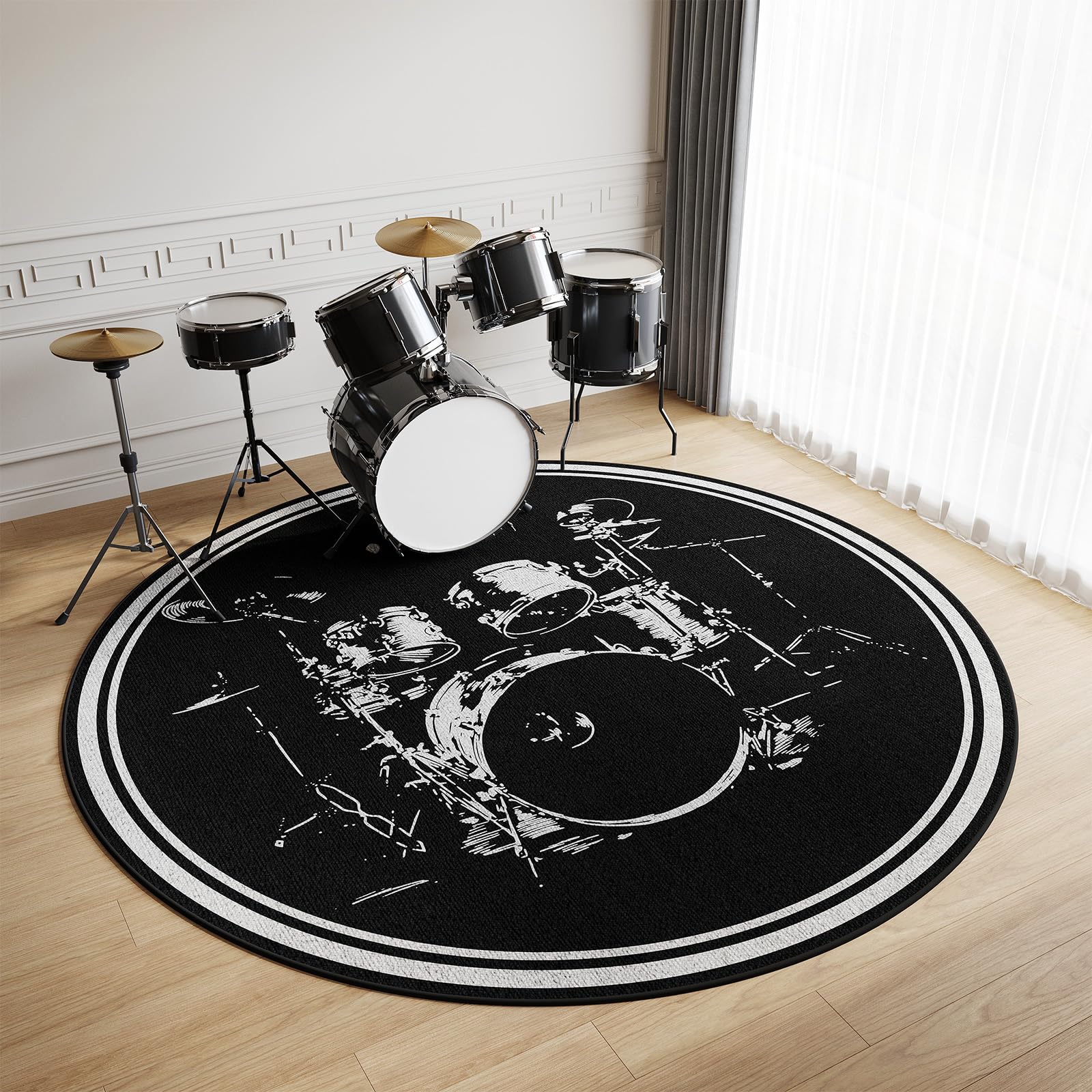 Tappeto Batteria Rotondo 130cm,Tappeto Batteria Acustica,Tappeto per Batteria Antiscivolo,Tappeto Insonorizzante per Batteria,Tappeto Batteria Elettronica,per Batteria Strumento Musicale(Nero A)