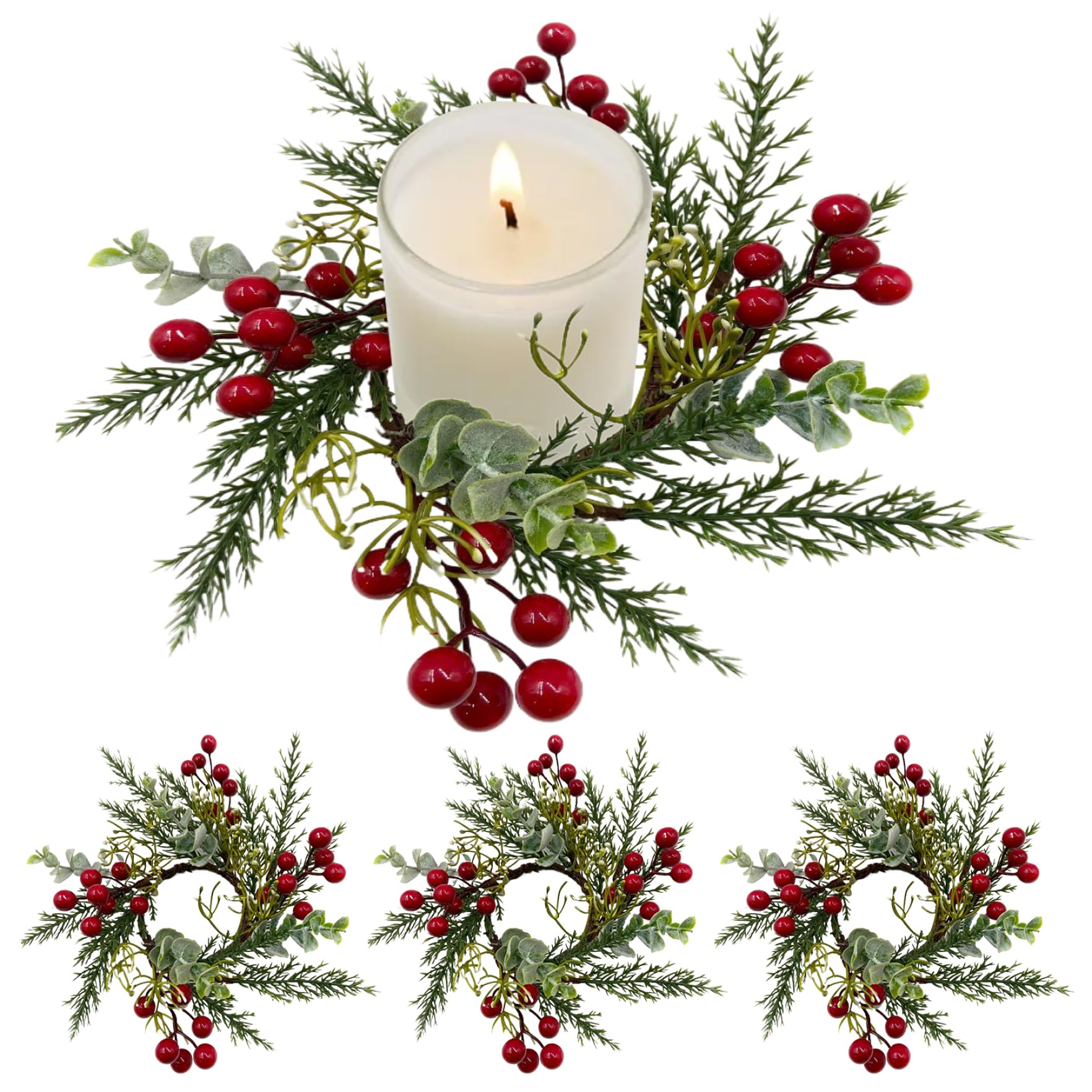 Comebachome 4Pcs 7.9" Christmas Candle Rings, Berries Pine Needles Wreath for Pillar Decor