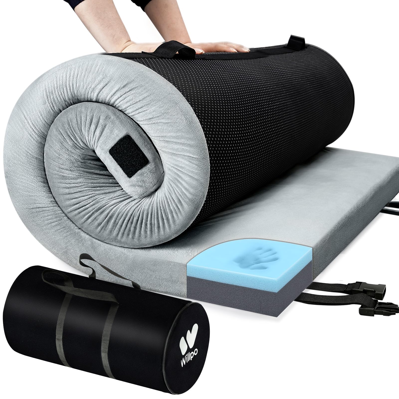 Willpo Colchoneta de Espuma Viscoelástica para Camping con Bolsa de Viaje, Esterilla Portátil Ligera Gris