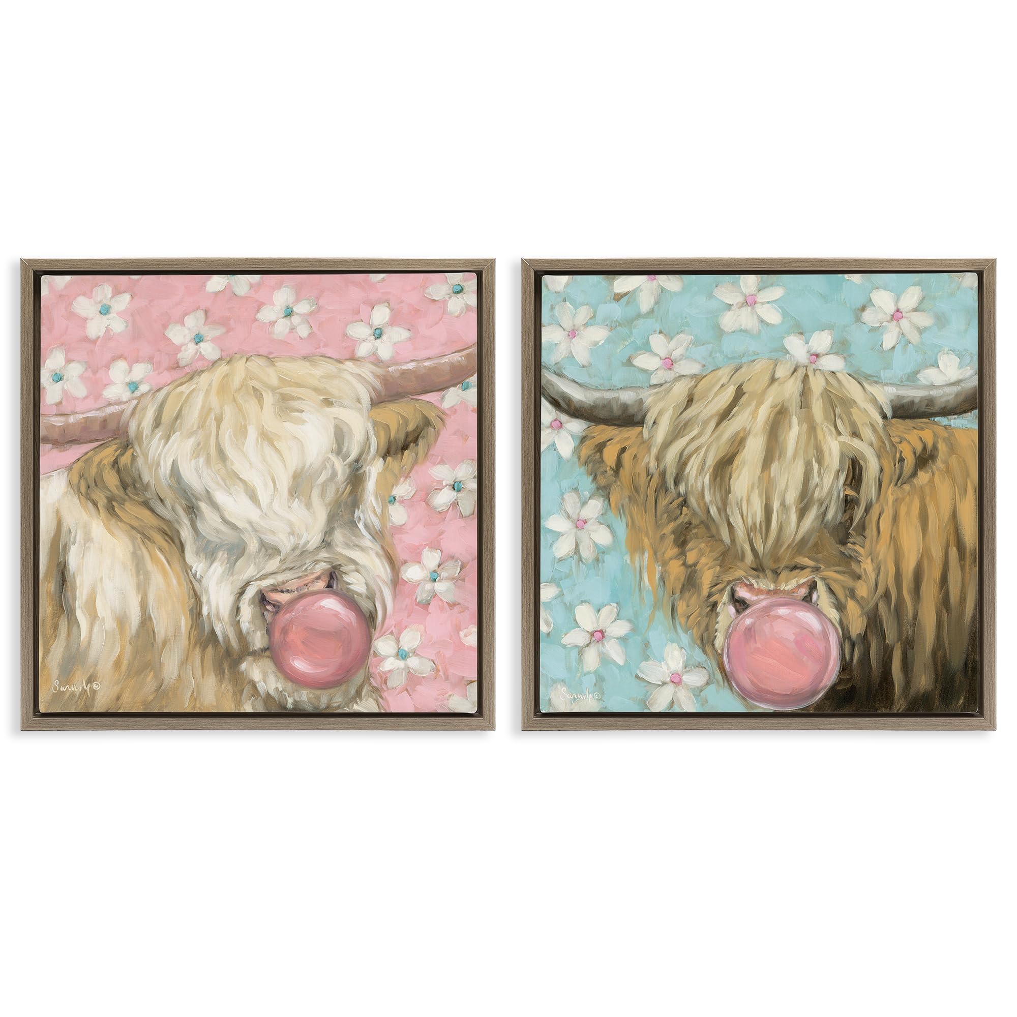 Stupell Industries Montalcino Elm (Textured) 'Cute Bubblegum Highland Cattles', 2Pc Floating Frame Art Set 2, Brown, 18 X 18, Ready To Hang Picture Décor, Usa Made, By Artist Sara G. Designs