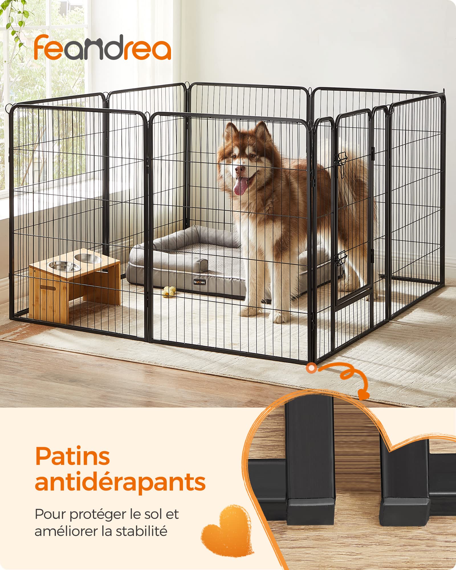 Feandrea Parc pour Chien, Enclos pour Chiot, Clôture, Chenil, Cage, 8 Panneaux, Double Verrou en L, Chaque Panneau 77 x 100 cm, Intérieur, Extérieur, Jardin, Chien, Lapin, Poule, Noir PPK81H