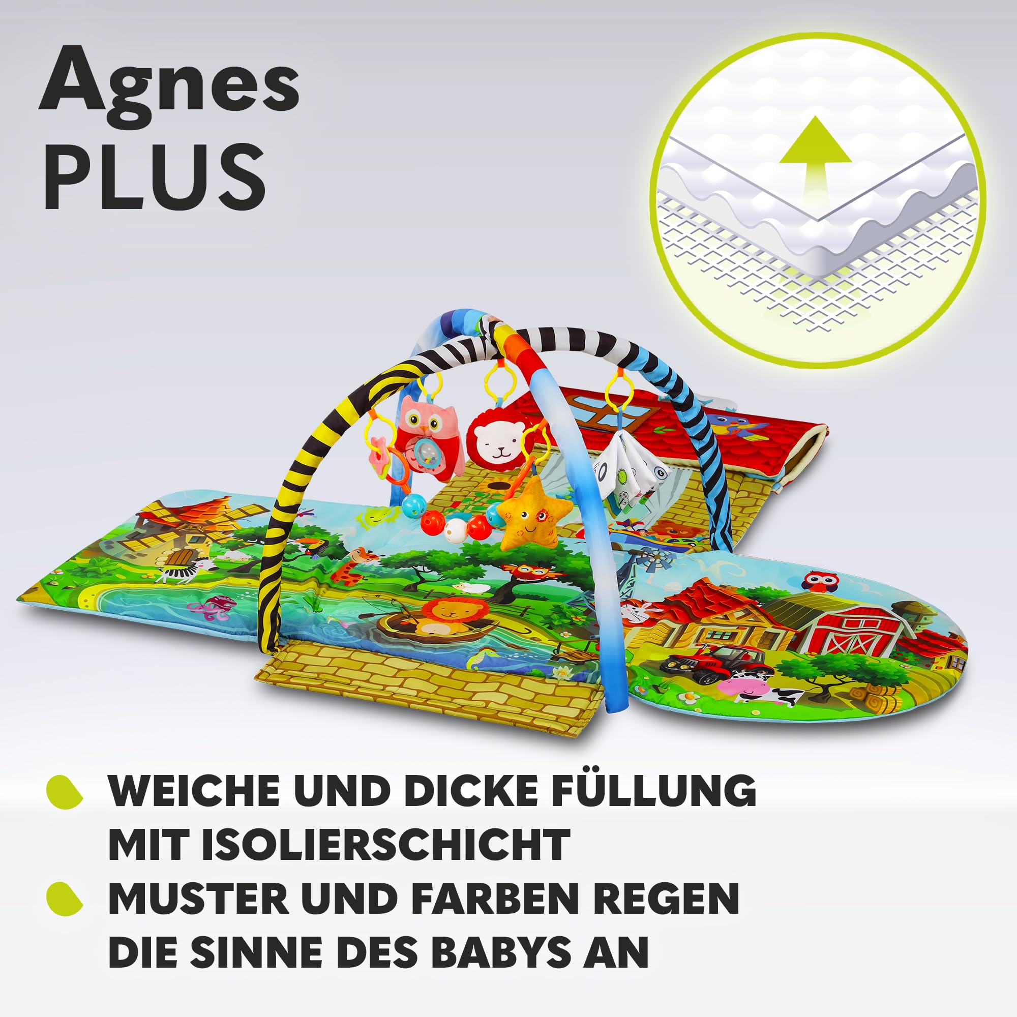 Lionelo Agnes Plus 2in1 Krabbeldecke für Baby, Spielmatte Baby, 2 Spielbögen, Spielhaus, Stoffbuch, Spielzeuge Bunte, Rasselkette, verstärkter Boden, kontrastreiche Farben