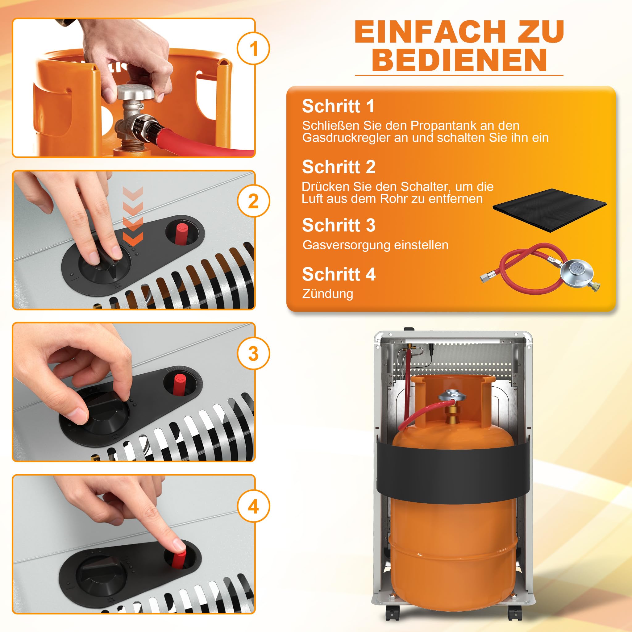 UISEBRT Gasheizung für Innenräume,Gasofen 3 Heizstufen 1500W - 2750W - 4200W,Gasheizer inkl. Gasdruckregler Gasschlauch,Heizstrahler Gasheizgerät, Infrarot, Butan- Propangasflascheng,Grau