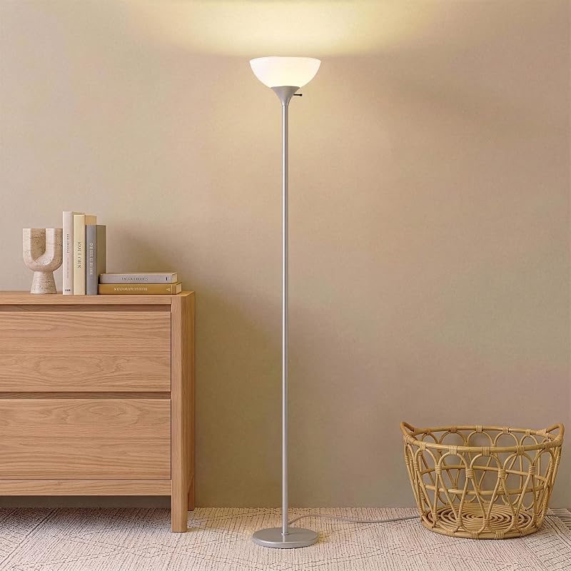 Brightech Sky Dome Lámpara de pie LED regulable, lámpara de pie Torchiere para sala de estar, dormitorio y oficina - Lámpara de pie de antorcha alta para lectura, decoración moderna del hogar - Platino plateado