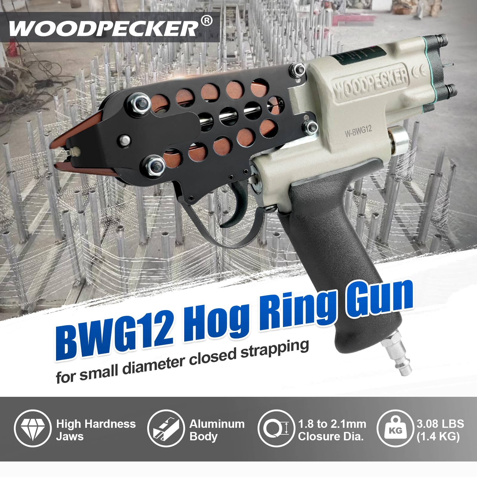 WOODPECKER BWG12 Pince pneumatique à anneau de porc de 1,8 mm à 2,1 mm de diamètre de fermeture pour cerclage, clôture, cages