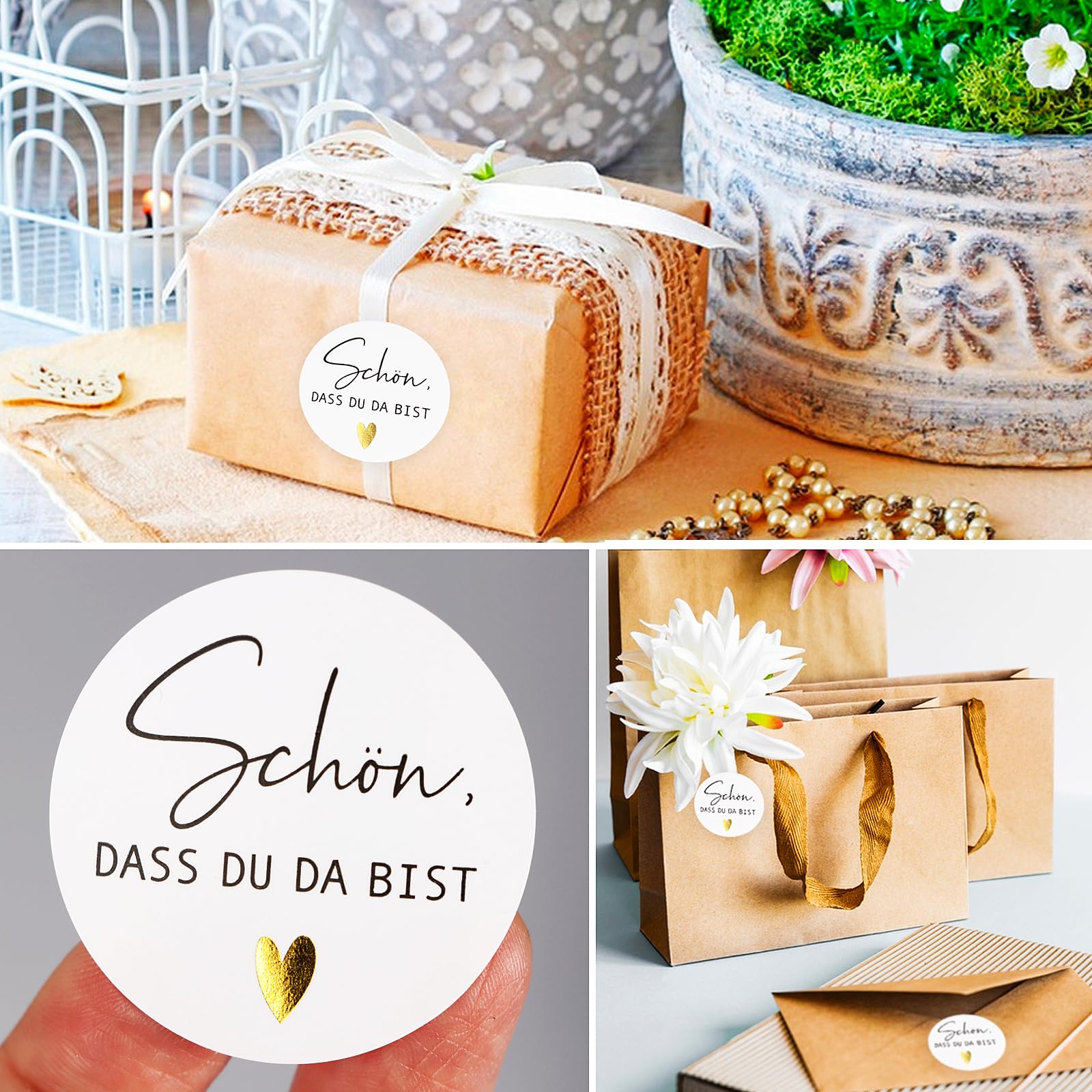 96 Adesivi Rotondi 'Schön Dass Du Da Bist' 4 Cm - Grigio, Bianco, Rosso Con Cuore, Stile Shabby Chic