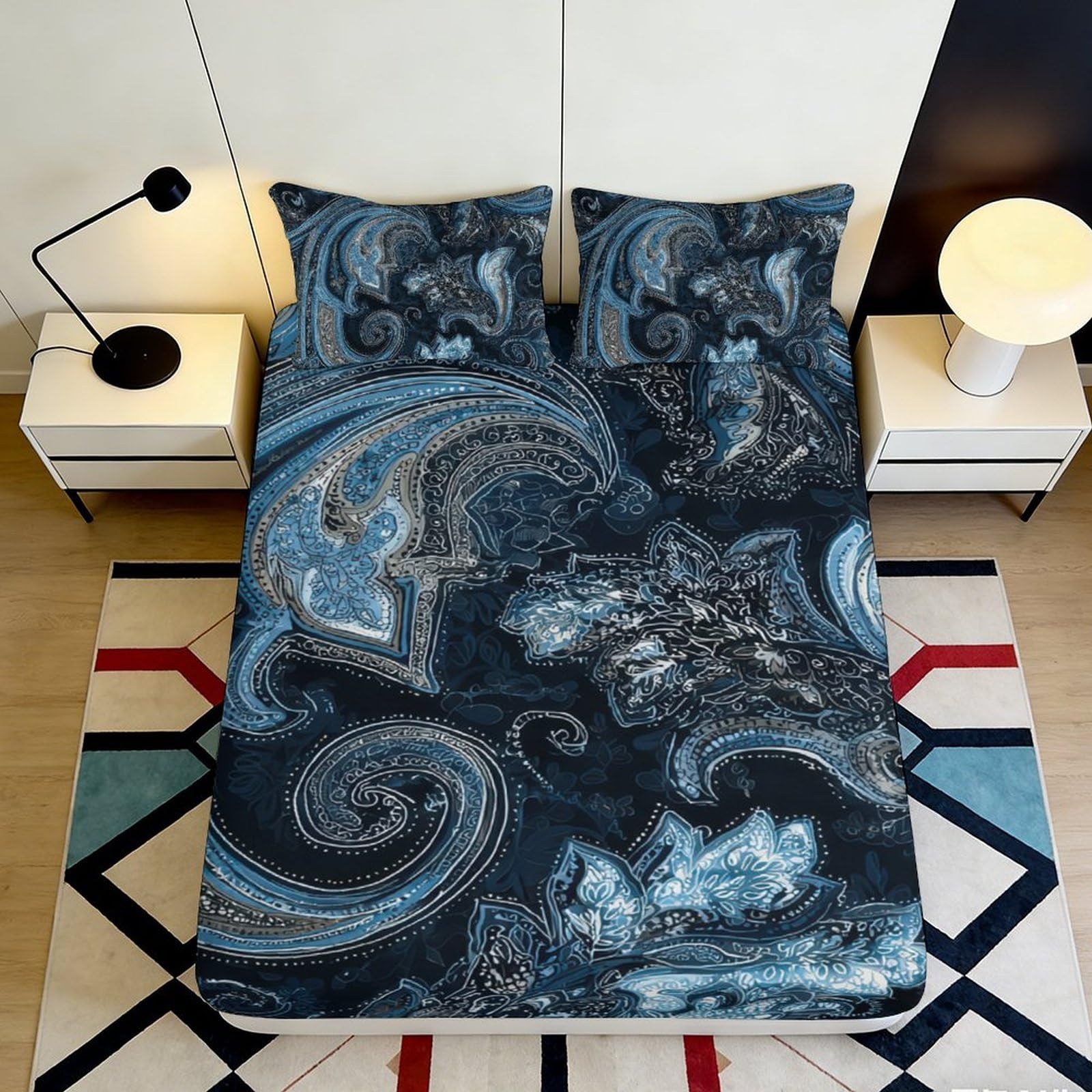 3D Printed Blue Paisley Fitted Sheet Microfiber Soft Decorative Black Swirl Bed Sheet for Bedroom Guest Room 90x200x25cm