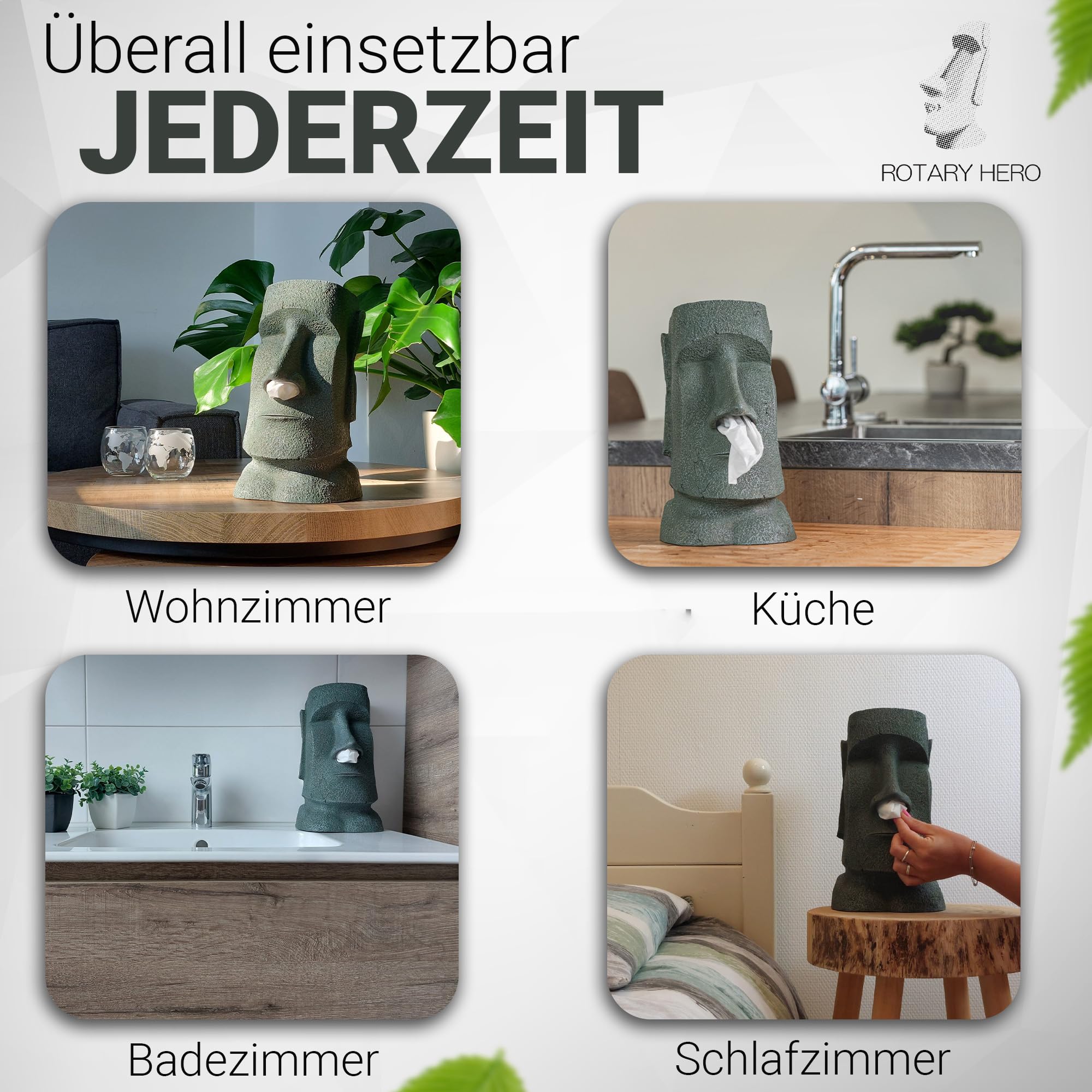 Rotary Hero Moai-Taschentuchspender - Servietten-Taschentuchbox mit Moai-Figur - Dekorativer Taschentuchhalter für Küche, Bad und Schlafzimmer - 18 x 14,5 x 32 cm