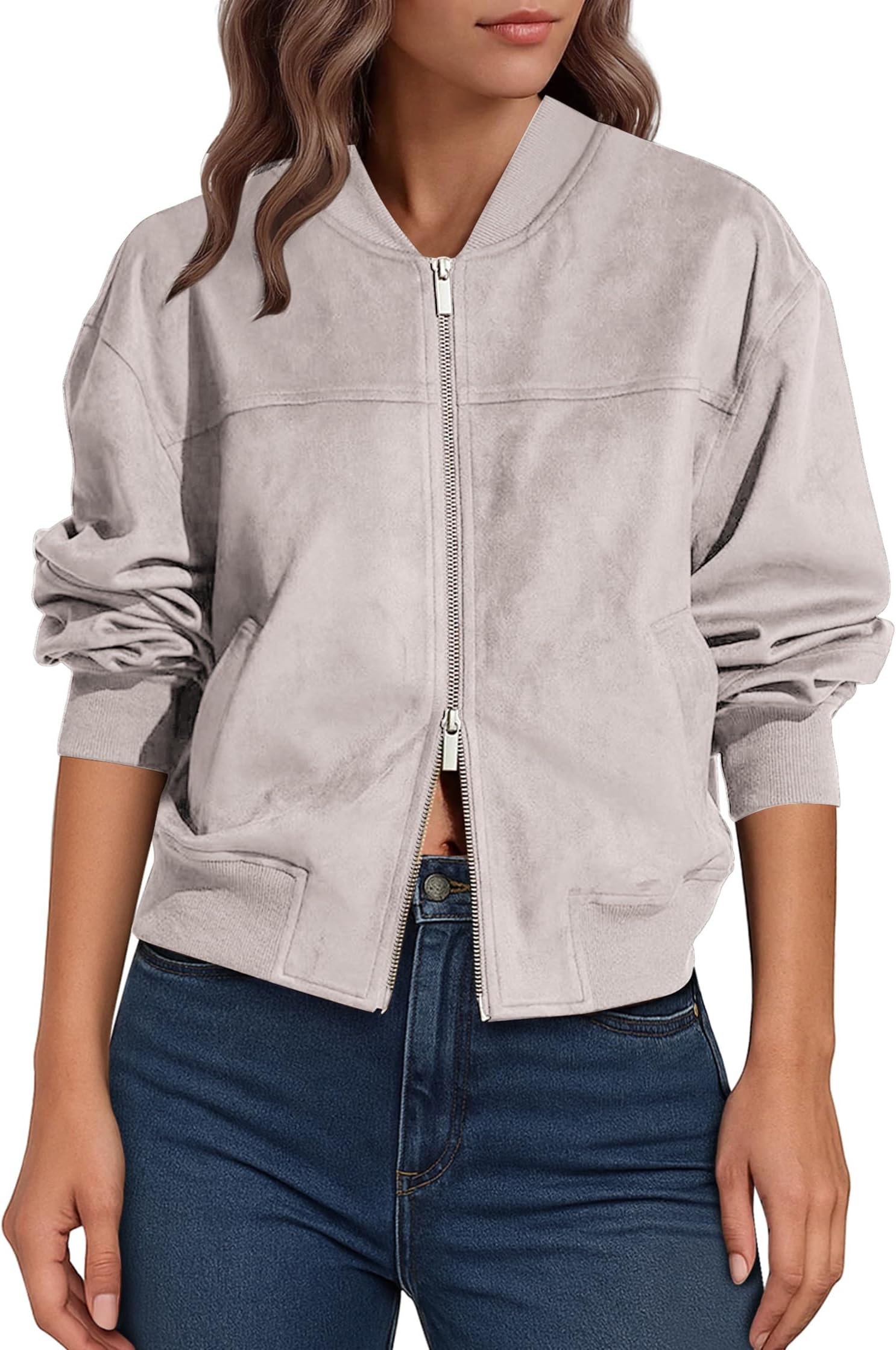 Women's Faux Suede Bomber Jackets Fall Fashion Outfits Winter Clothes Stand Collar Zip Up Coats Outwear