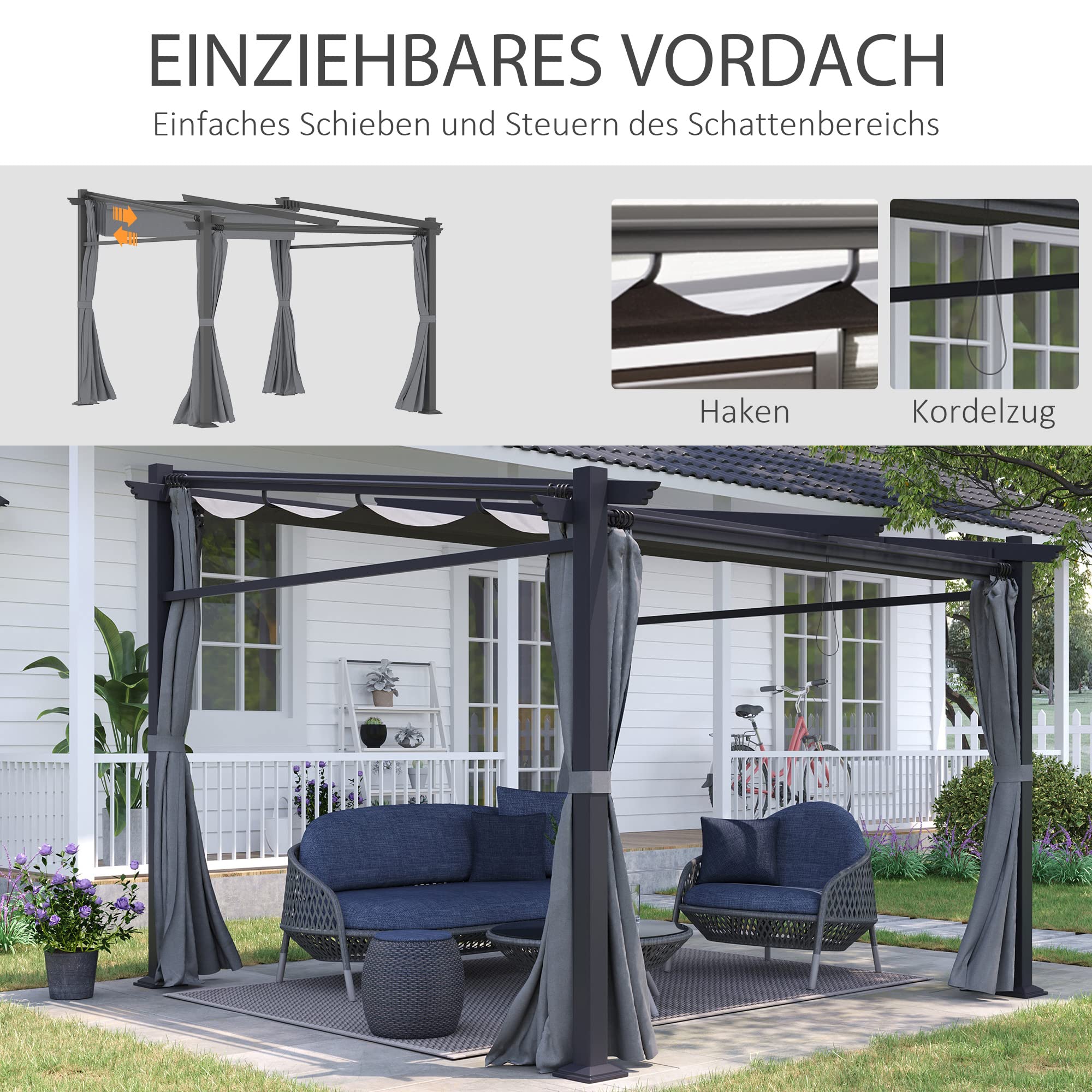 Outsunny Pergola 2,97 x 2,95 m Pavillon hydrofuge avec toit solaire et parties latérales, abri de terrasse, meubles de jardin, polyester gris foncé