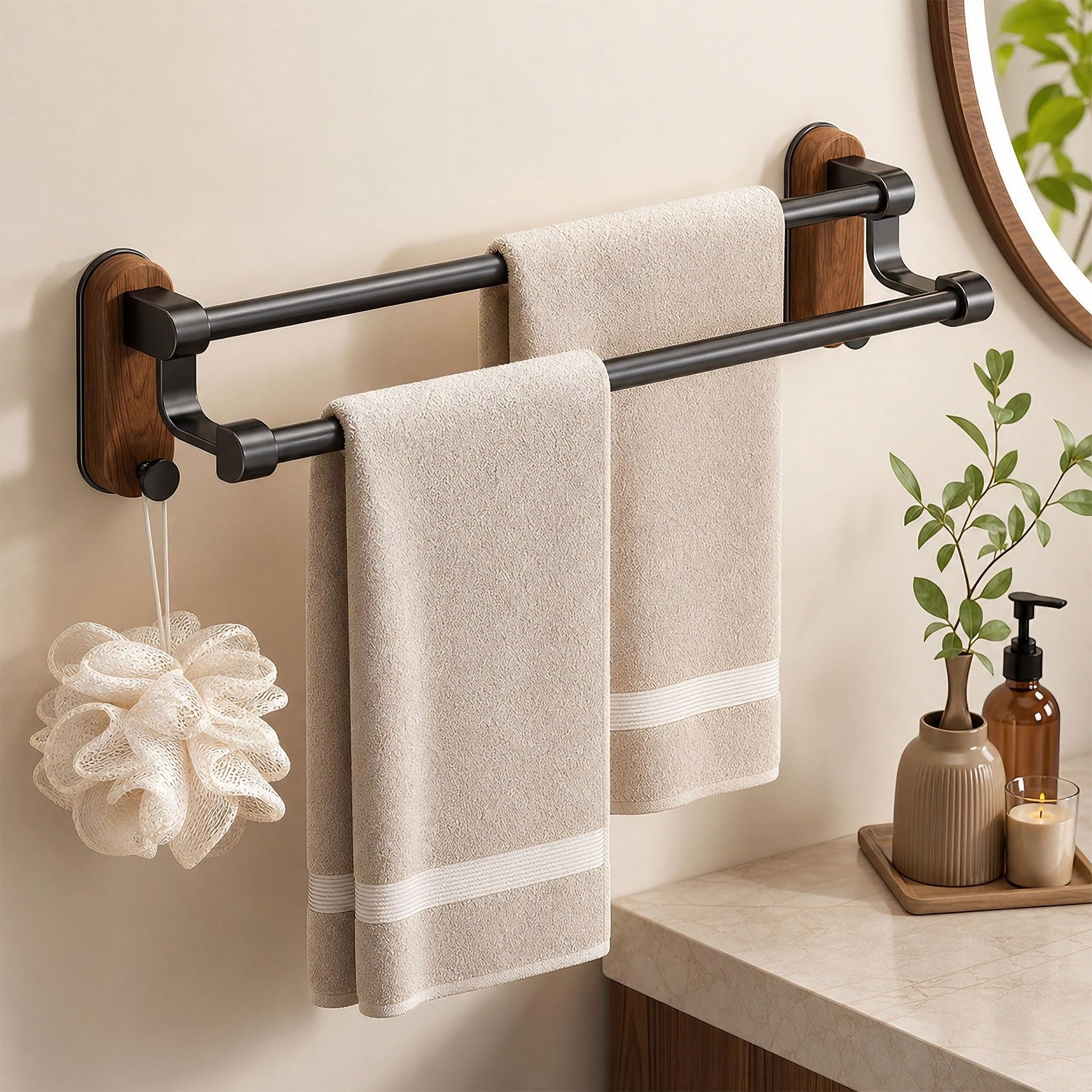 Double Towel Rack for Bathroom, 20 Inch No Drill Wall-Mounted Towel Bar, Waterproof Towels Rod Hanger for Kitchen, Rustproof Walnut Wood, Space-Saving Modern Design(60cm/23.6in)
