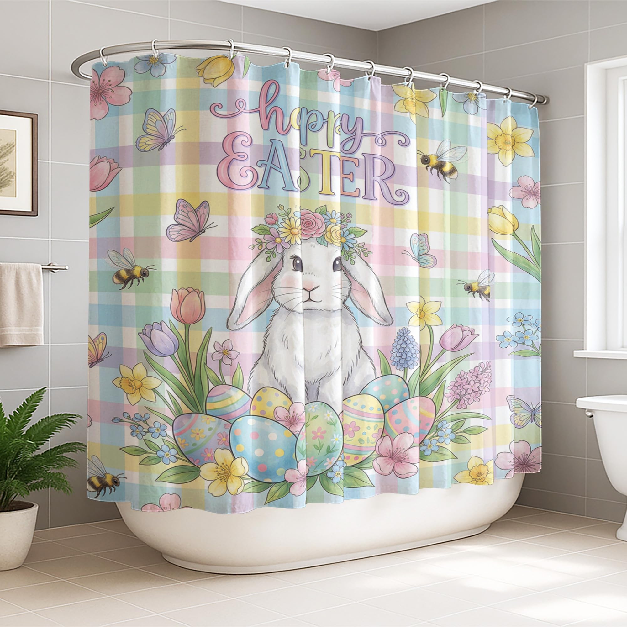 Rideau de douche extra large motif lapin de Pâques pastel 274x183 cm