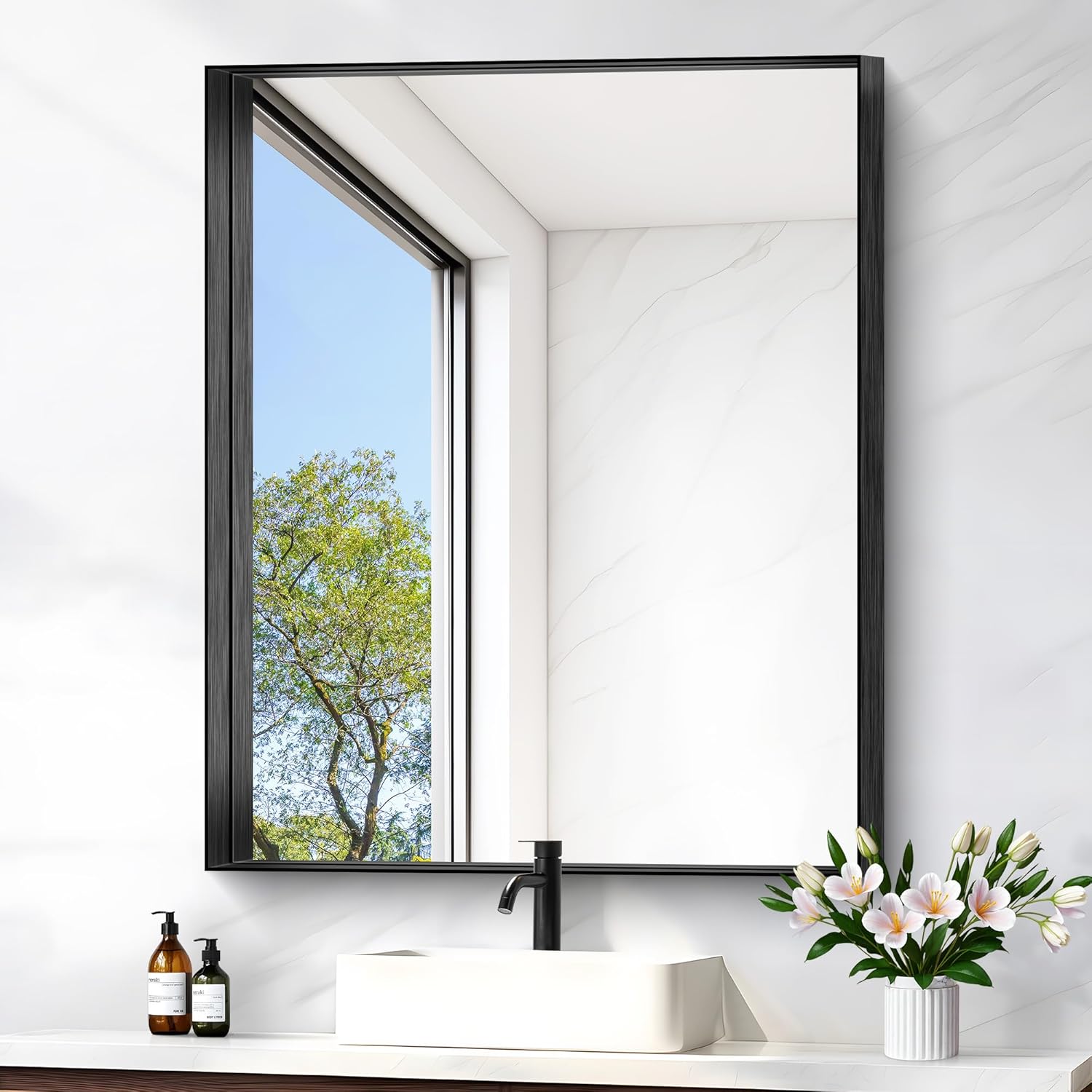 Photo 1 of Black Bathroom Mirror, 30x36 Inch Rectangular Framed Mirror, Large Wall Mounted Bathroom Vanity Mirror Over Sink for Bedroom,Restroom, Living Room, Hangs Vertically or Horizontally