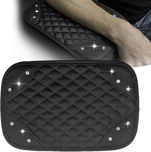1 cojín de consola para reposabrazos de automóvil, estilo de diamante brillante de 11.8 x 7.6 pulgadas, funda acolchada para reposabrazos de cuero