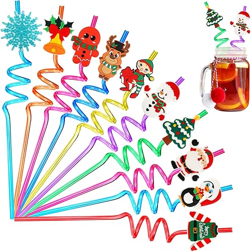 Miniatura 1 de JANYUN Pajitas de Navidad, 20 popotes de plástico reutilizables, recuerdos de fiesta de Navidad para niños, lindos copos de nieve, renos, pajitas
