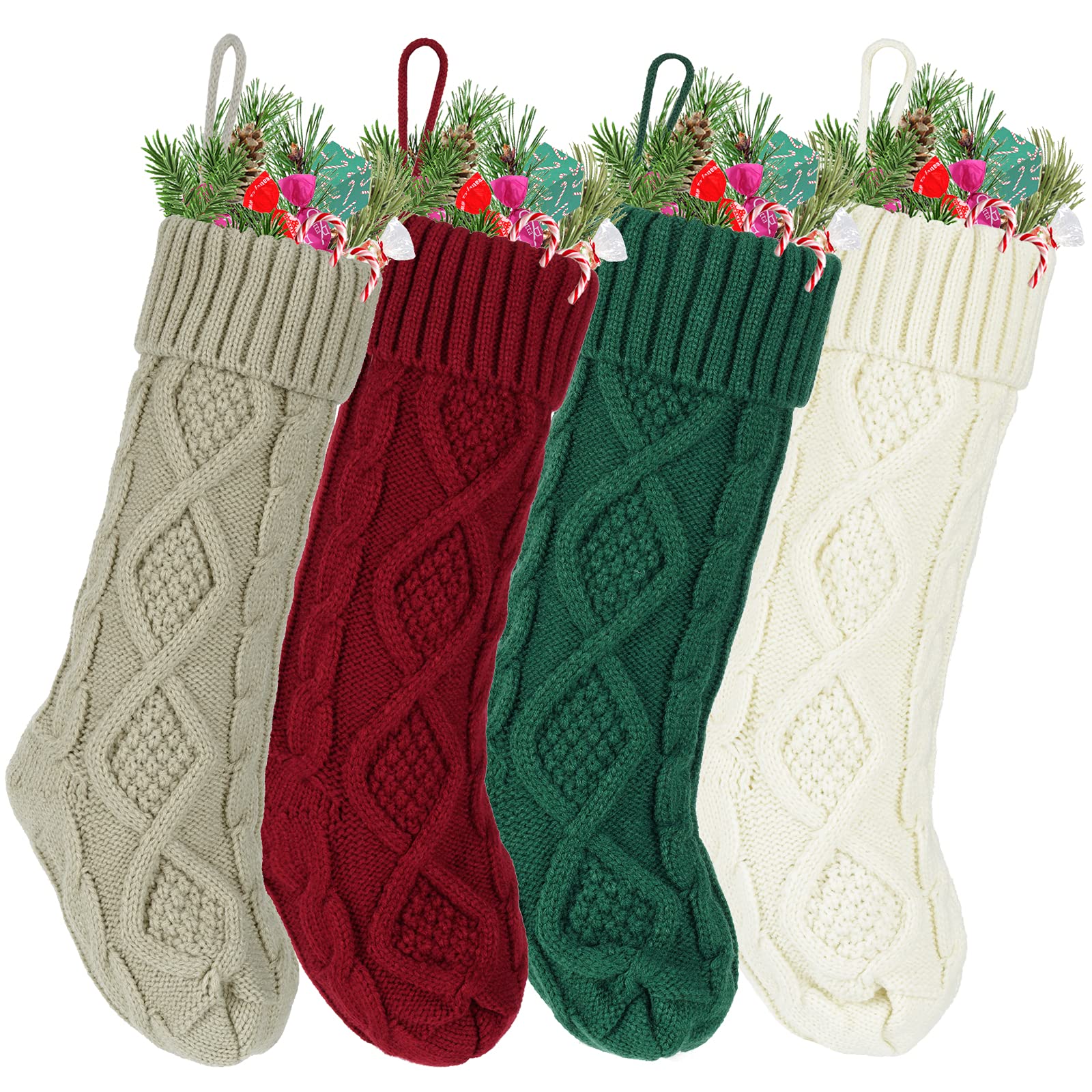 JMScape4 Pack Christmas Stockings, 18 Inches Large Classic Cable Knit Stockings Christmas Decorations for Family Holiday Xmas Party Decor, White Red Green and Khaki